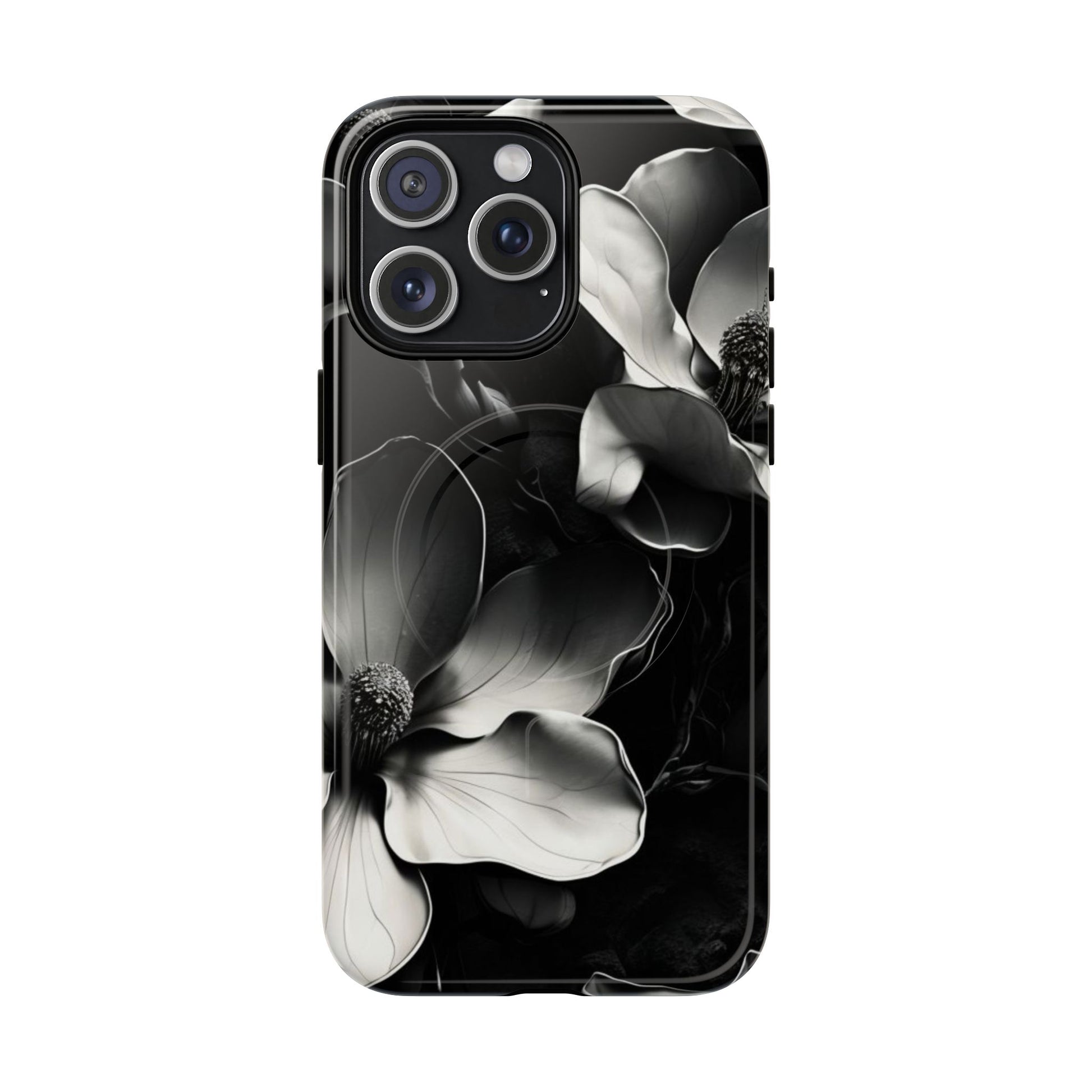 Monochrome Magnolia - Elegant Black & White Floral iPhone 15 Pro Max MagSafe Phone Case - Artistic Magnolia Design