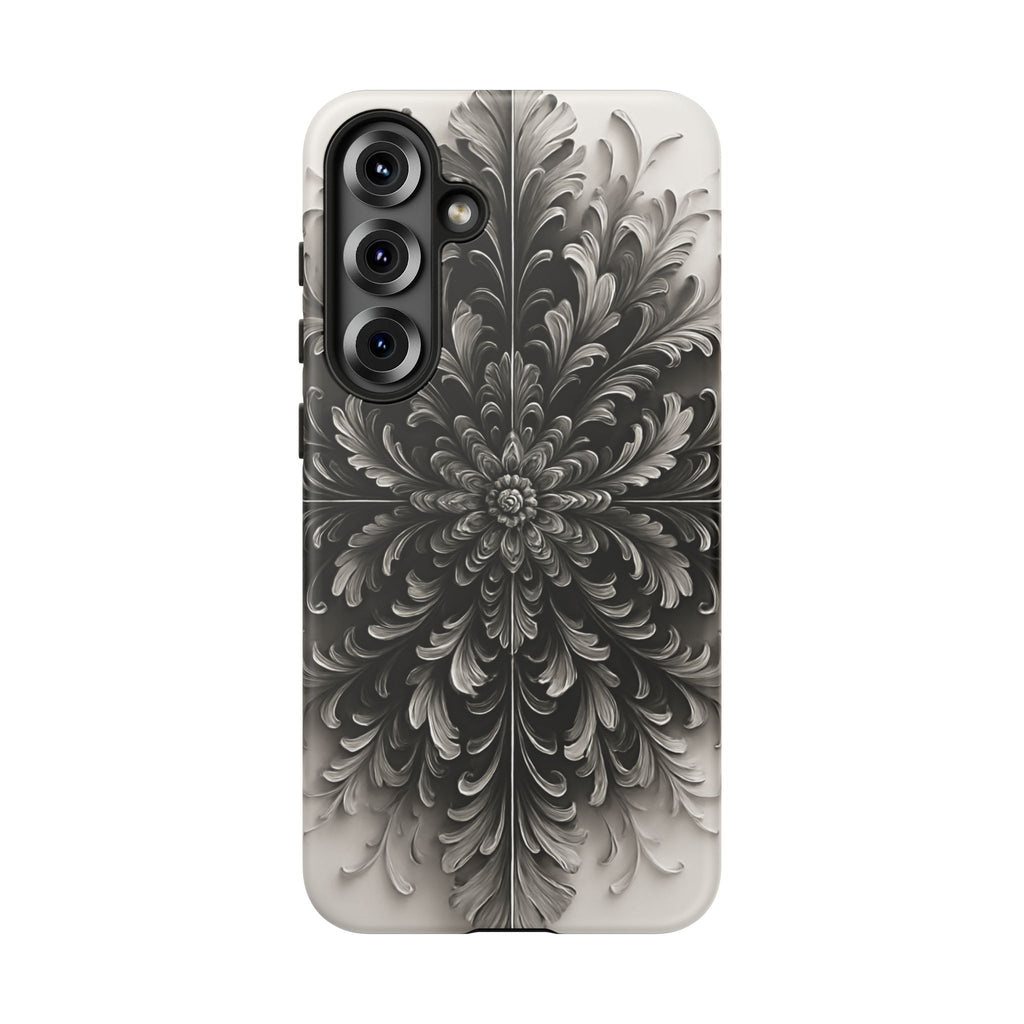 Obsidian Bloom - Elegant Black & White Samsung Galaxy S25 Plus Tough Phone Case - Intricate Mandala Flower Design