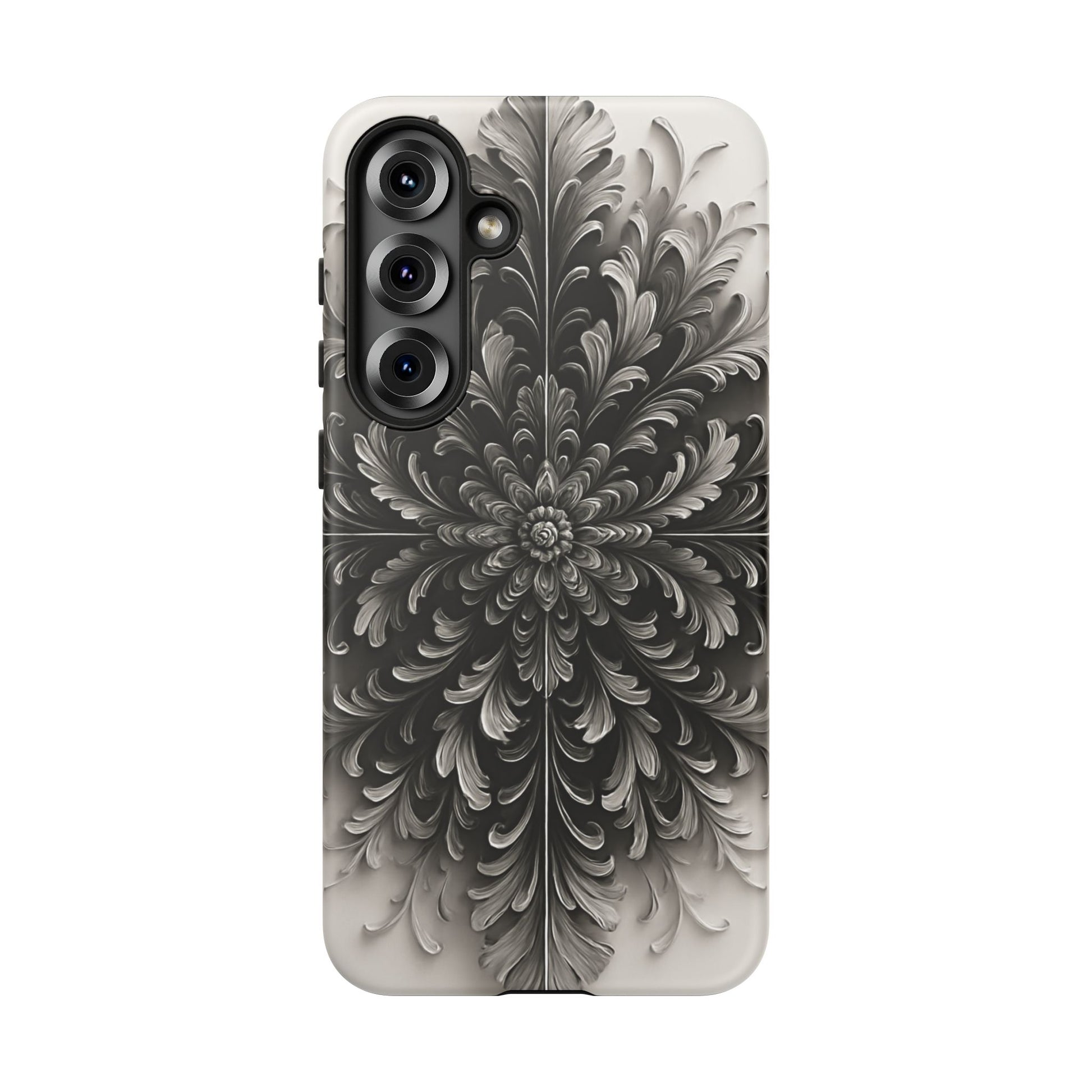 Obsidian Bloom - Elegant Black & White Samsung Galaxy S25 Plus Tough Phone Case - Intricate Mandala Flower Design