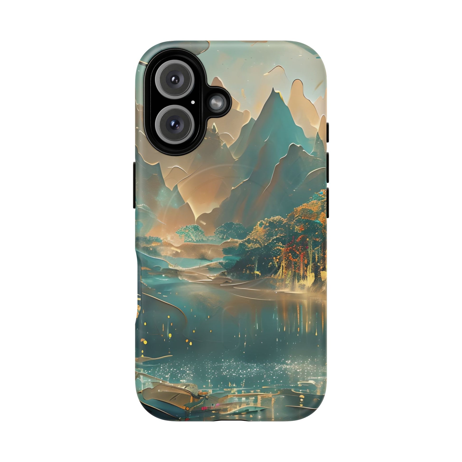 Misty Horizon - Serene Landscape Art iPhone 16 MagSafe Phone Case - Tranquil Mountain & Lake Design