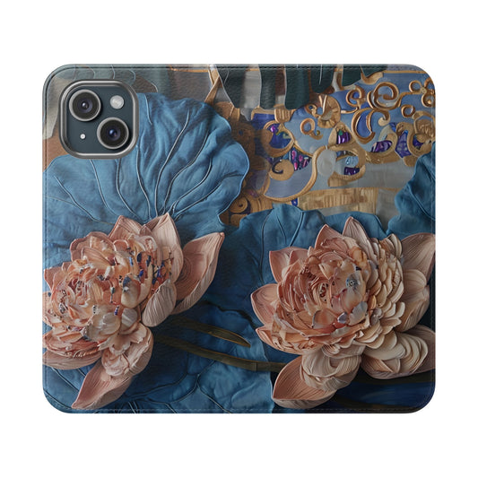 Peony Midnight Tapestry floral iPhone wallet flip phone case with blush peonies and navy background