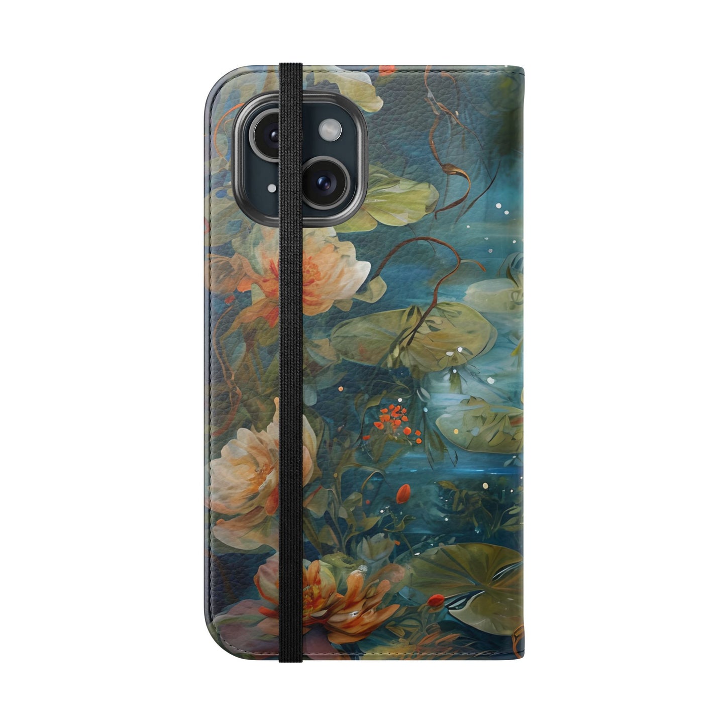 Waterlily Nocturne floral pattern iPhone wallet flip phone case closed