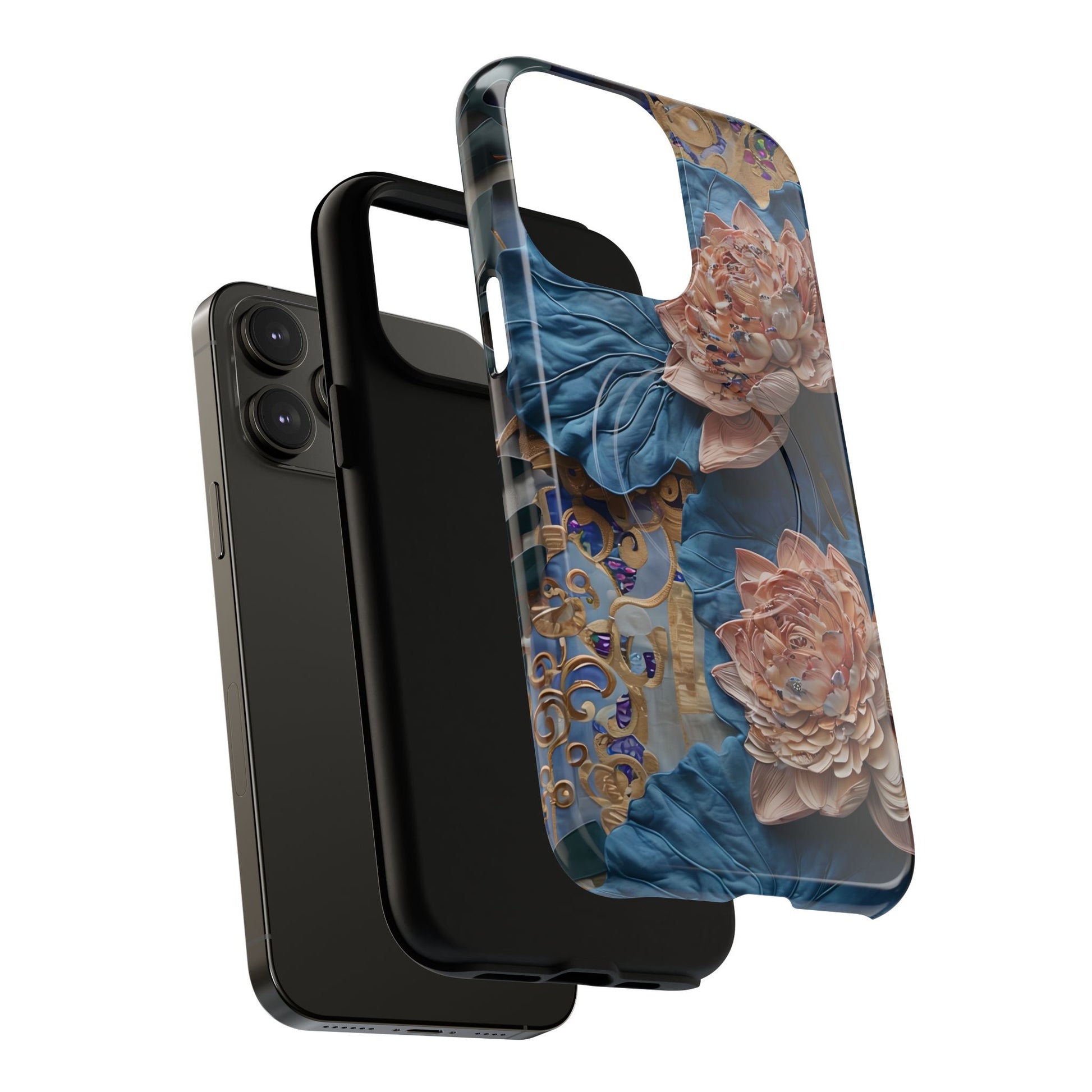 Peony Midnight Tapestry - iPhone 14 Pro Max - MagSafe Compatible - Elegant Blue & Blush Artful Phone Cover