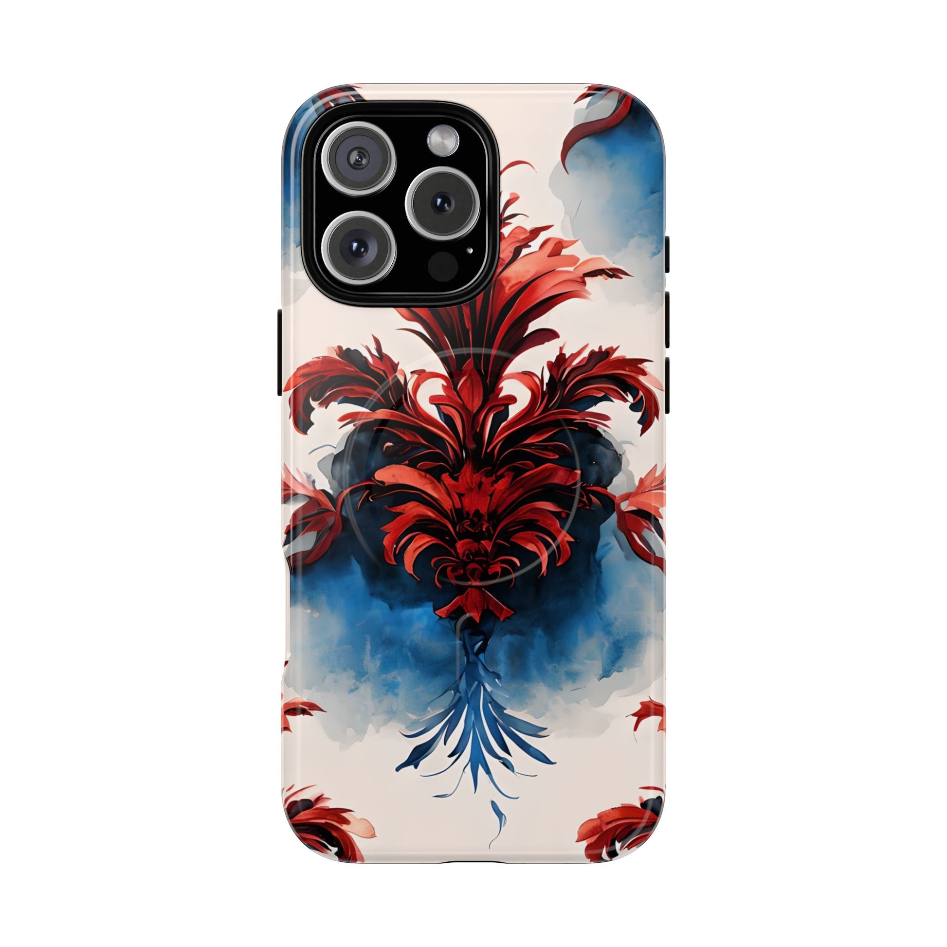 Crimson Plume - Bold Artistic Feather iPhone 16 Pro Max MagSafe Phone Case - Dramatic Red & Blue Design