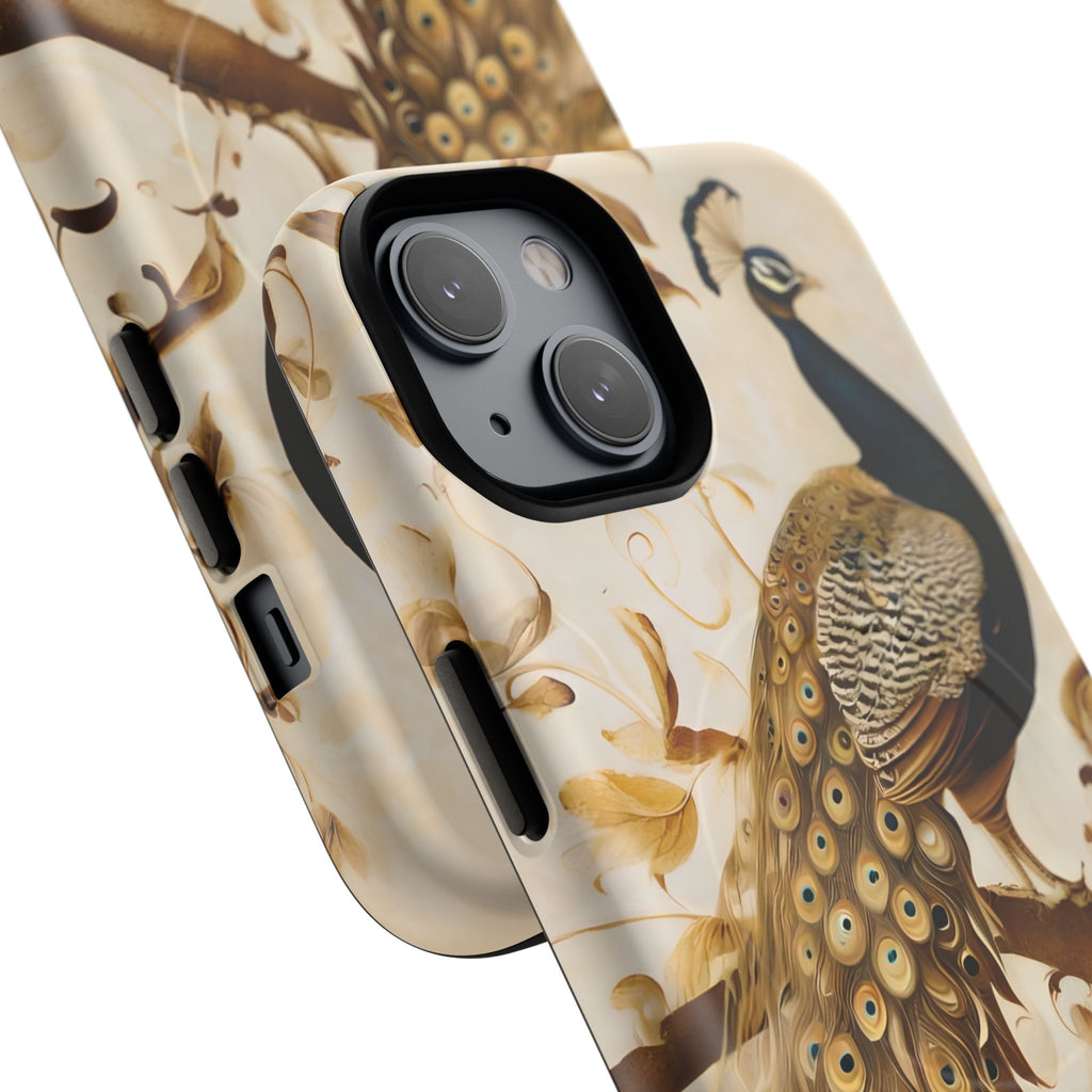 Golden Plumage - Luxe Peacock Art iPhone 14 Phone Case - MagSafe Compatible - Elegant Gold & Cream Design