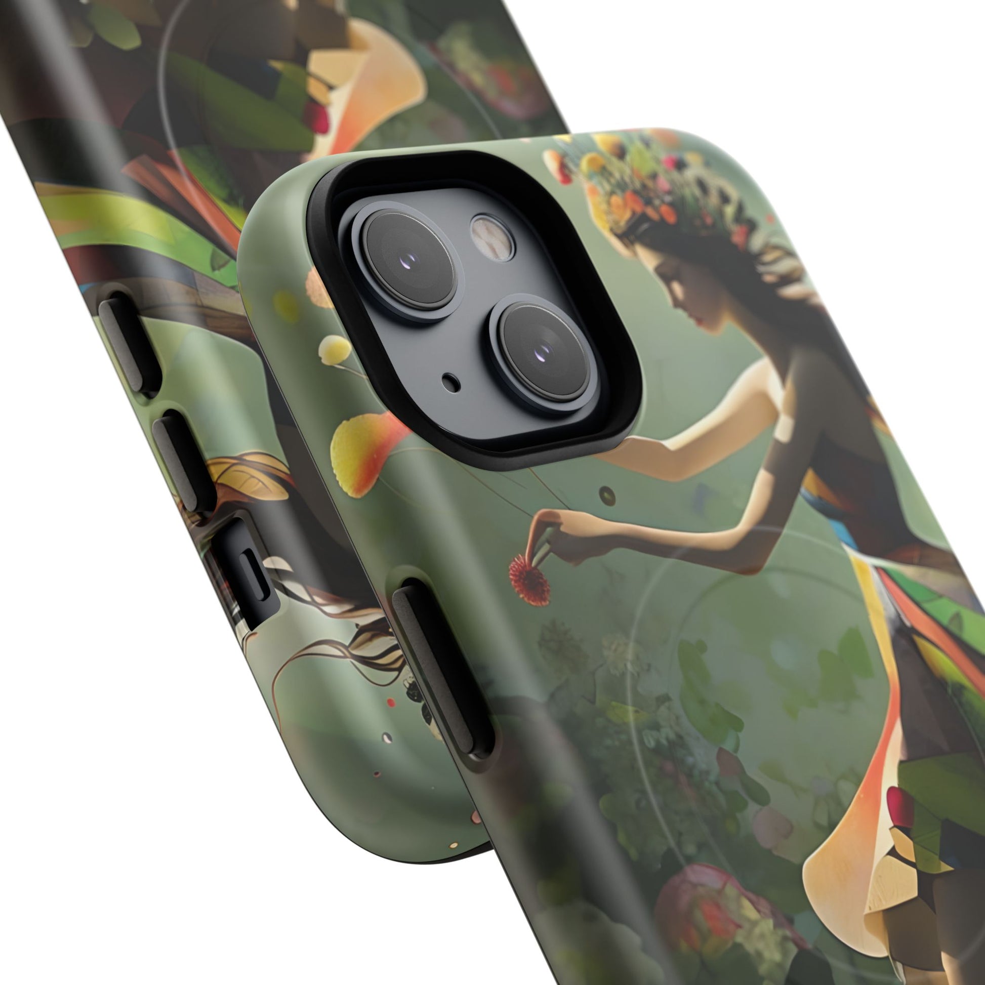 Dancing Wildflower Muse iPhone 14- Artistic Floral Fantasy Cover - MagSafe Compatible - Whimsical Nature-Inspired Protective Accessory