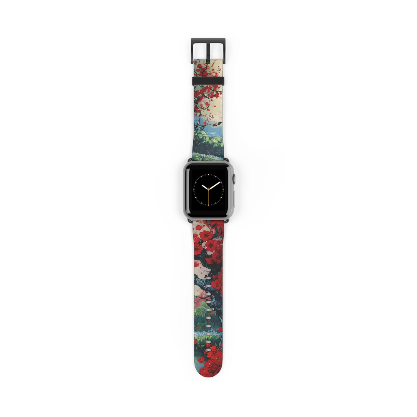 Crimson Blossom Lake Apple Watch band with watch face featuring vibrant red blossoms over a scenic lake landscape