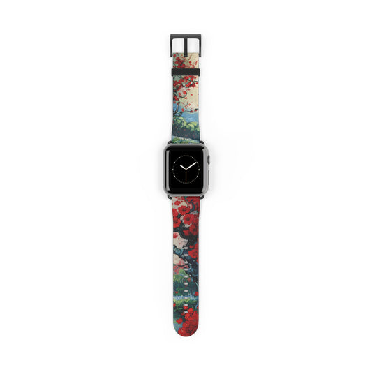 Crimson Blossom Lake Apple Watch band with watch face featuring vibrant red blossoms over a scenic lake landscape