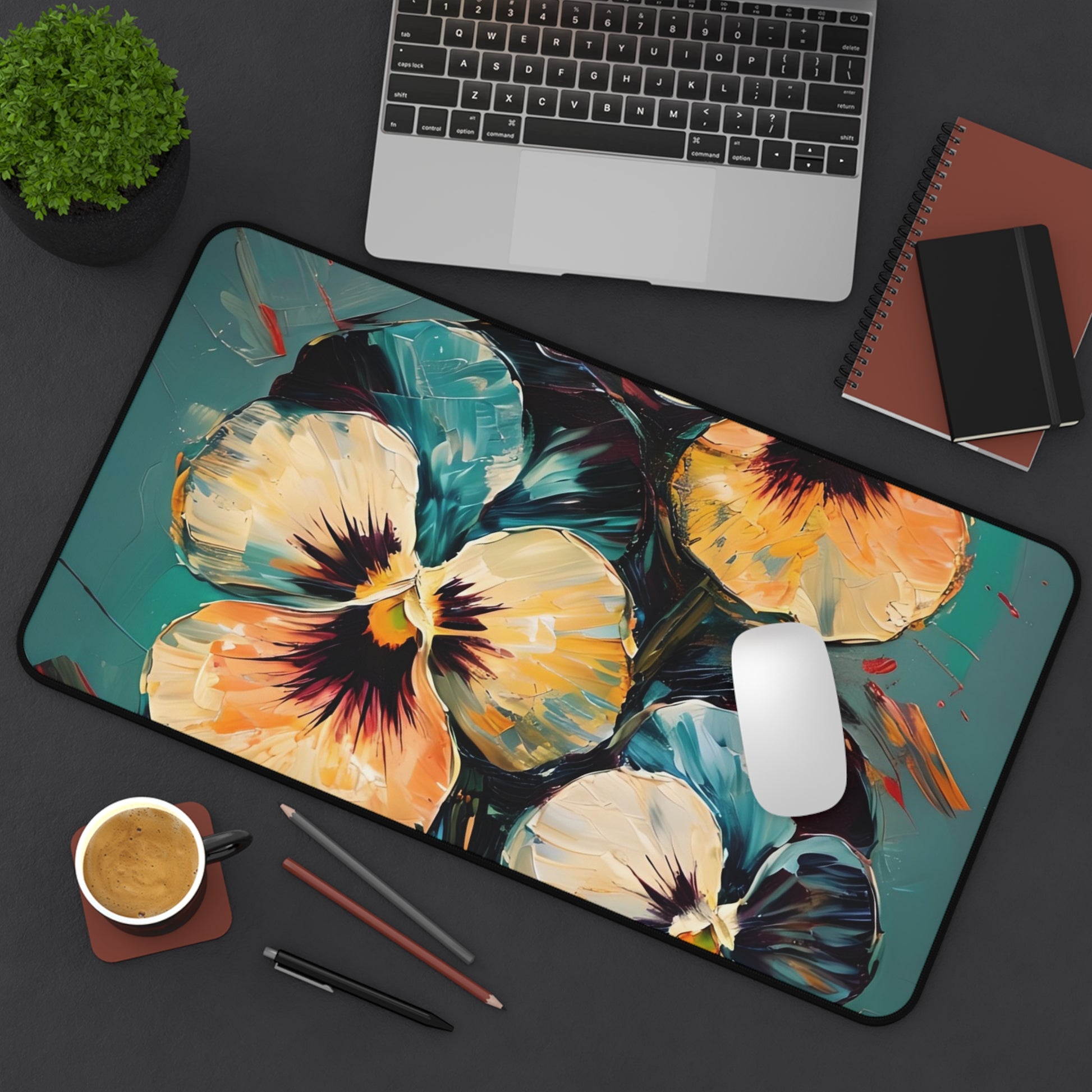Golden Pansy Cascade Designer Desk Mat - Premium Office Desk Pad, 3 Sizes Available, Artistic Workspace Protection