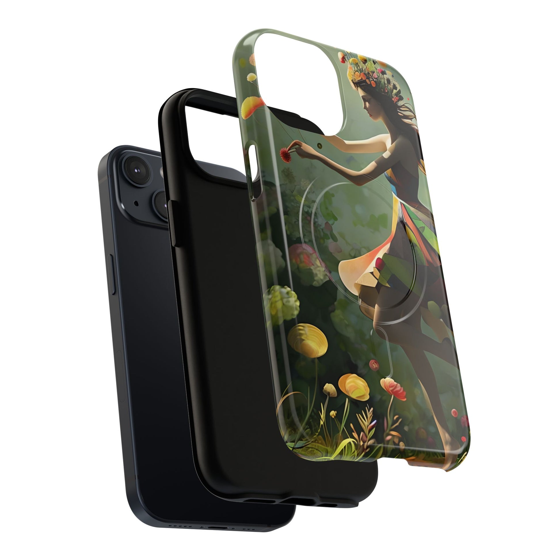 Dancing Wildflower Muse iPhone 14- Artistic Floral Fantasy Cover - MagSafe Compatible - Whimsical Nature-Inspired Protective Accessory