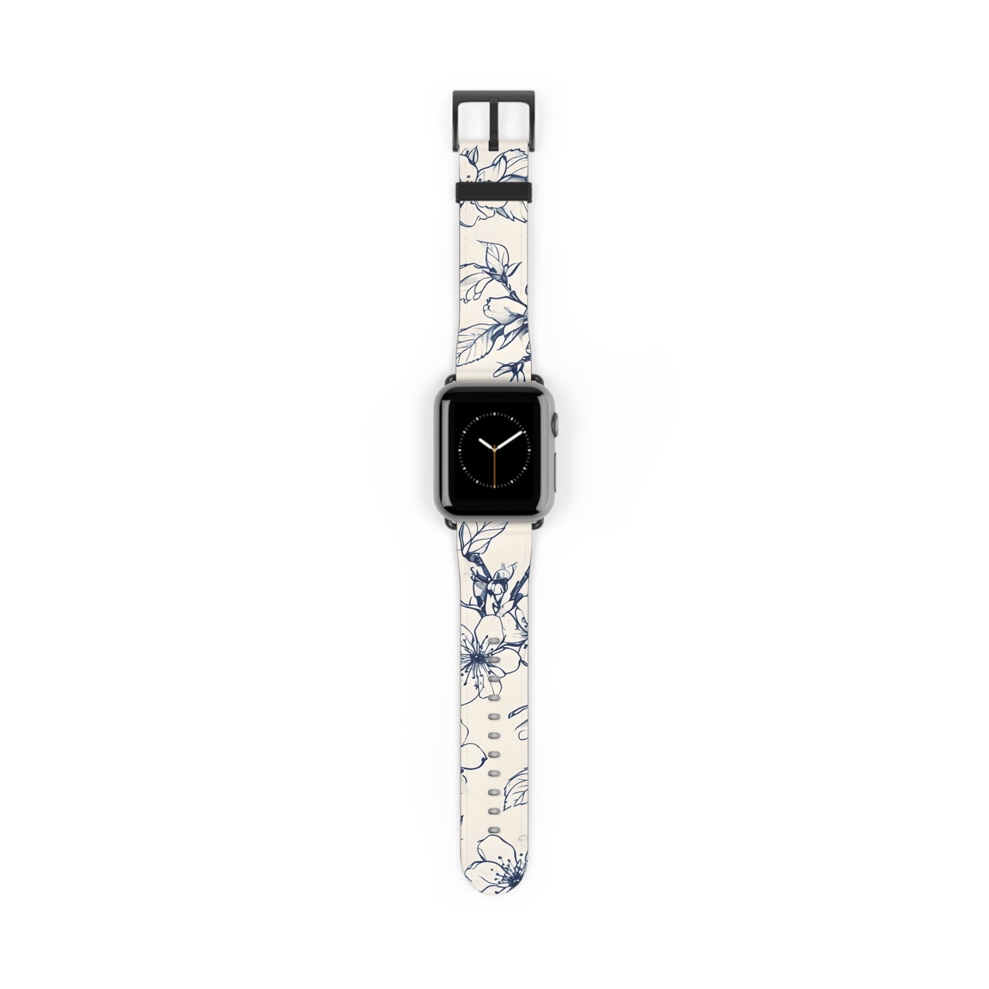 Blossom Sketch Apple Watch band with watch face featuring delicate blue floral line art on a soft ivory background
