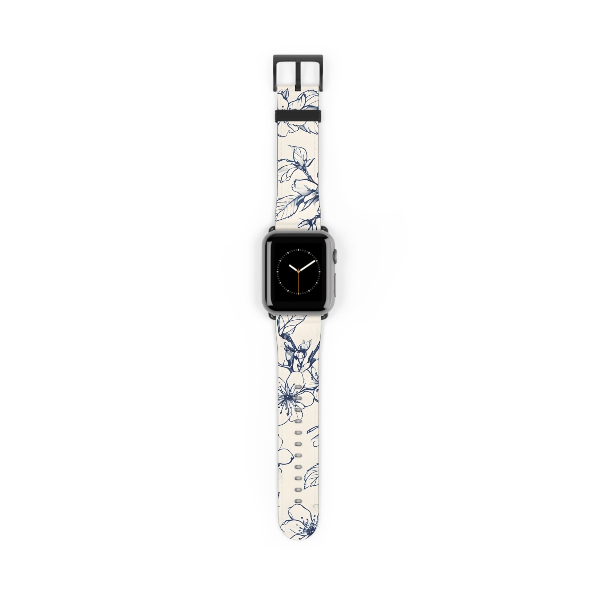 Blossom Sketch Apple Watch band with watch face featuring delicate blue floral line art on a soft ivory background