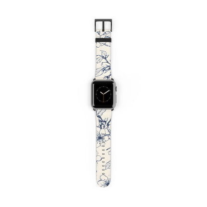 Blossom Sketch Apple Watch band with watch face featuring delicate blue floral line art on a soft ivory background
