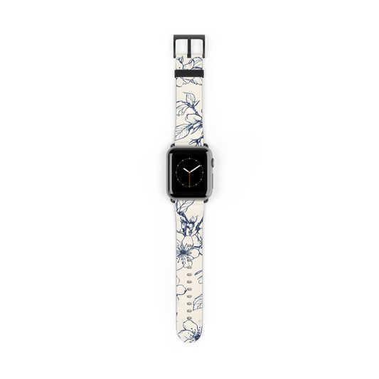Blossom Sketch Apple Watch band with watch face featuring delicate blue floral line art on a soft ivory background