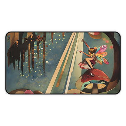 Enchanted Orchard desk mat featuring whimsical orchard scene artwork with a fairy atop a mushroom