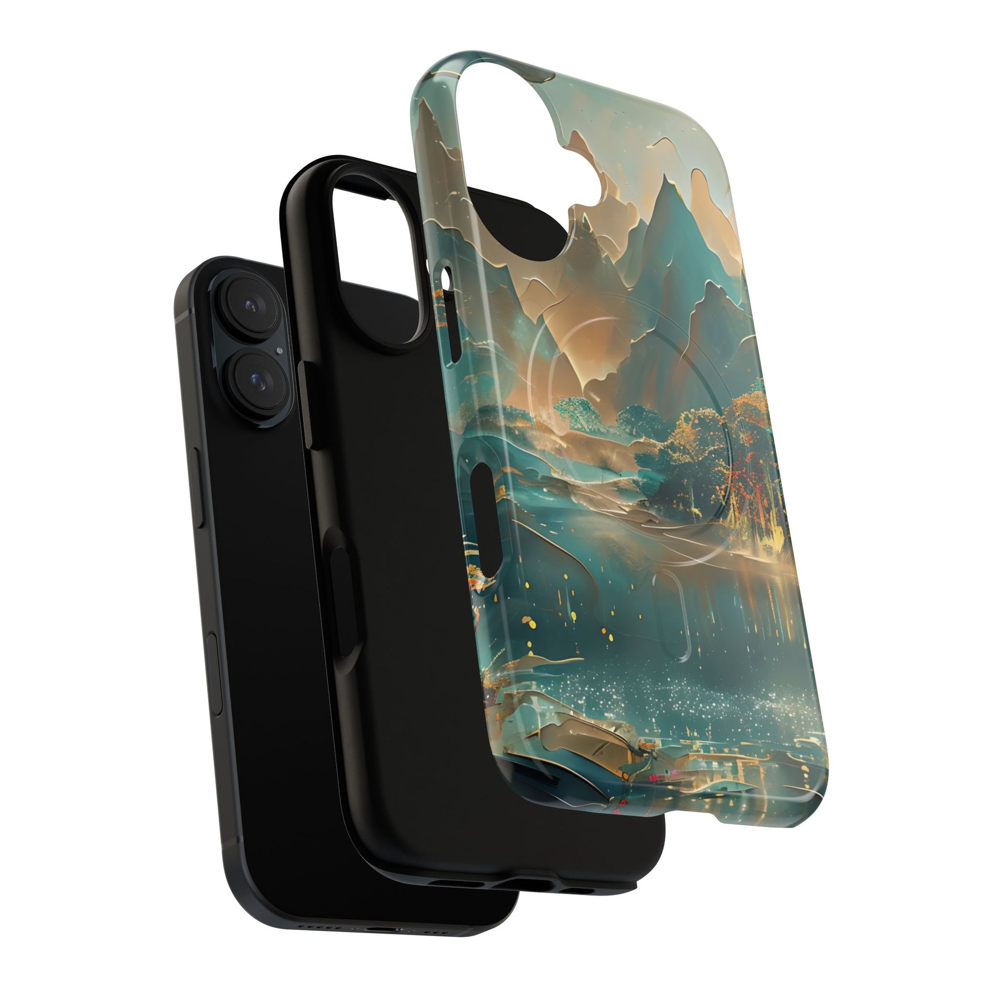 Misty Horizon - Serene Landscape Art iPhone 16 MagSafe Phone Case - Tranquil Mountain & Lake Design