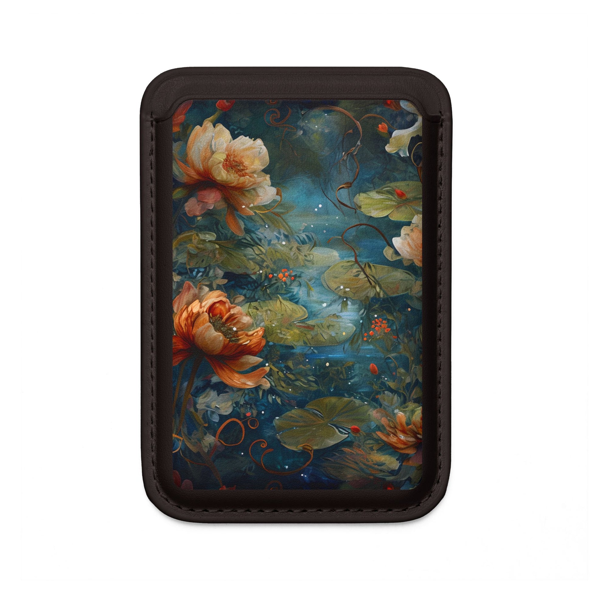 Waterlily Nocturne lily pond floral artwork MagSafe card holder on black magnetic wallet