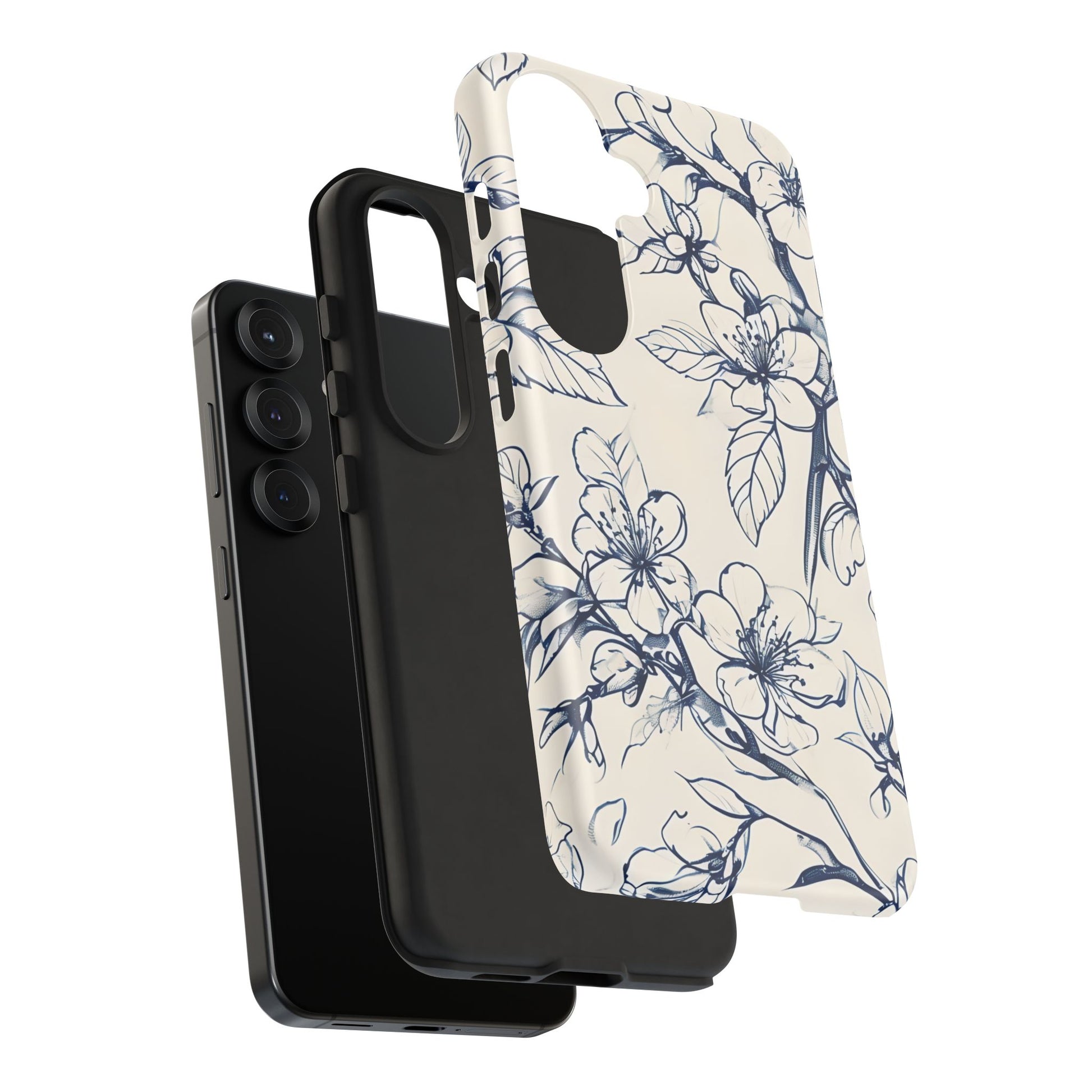 Blossom Sketch - Artistic Blue Floral Samsung Galaxy S25 Tough Phone Case - Hand-Drawn Botanical Design