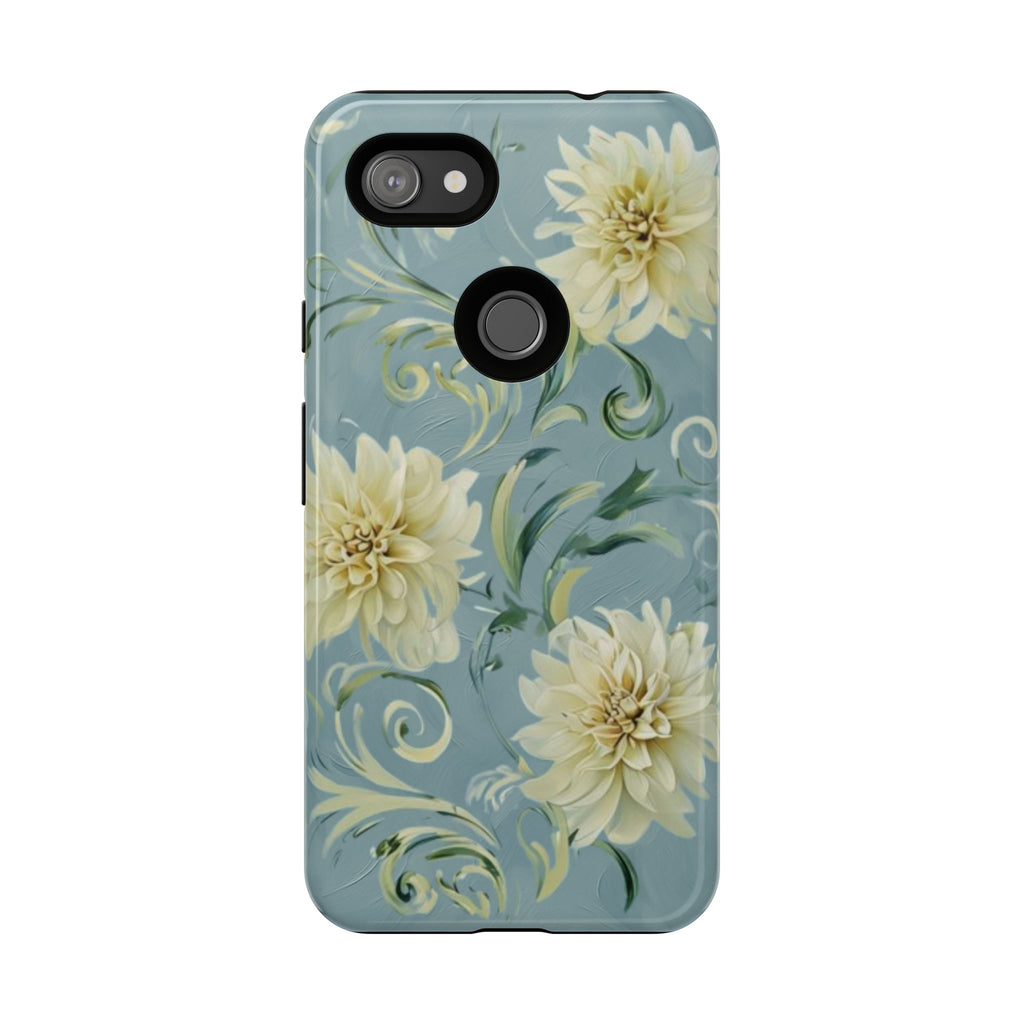 Golden Dahlia Trio - Elegant Floral Google Pixel 3a XL Tough Phone Case - Artistic White & Blue Dahlia Design