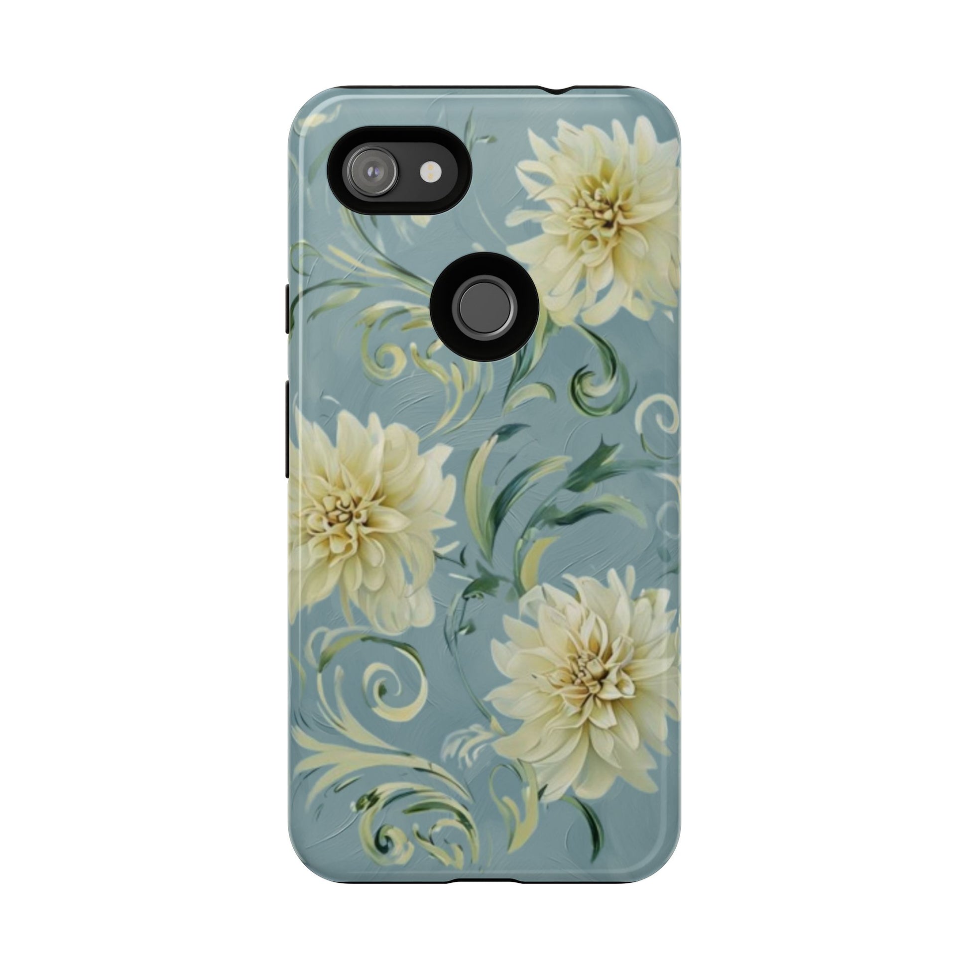Golden Dahlia Trio - Elegant Floral Google Pixel 3a XL Tough Phone Case - Artistic White & Blue Dahlia Design