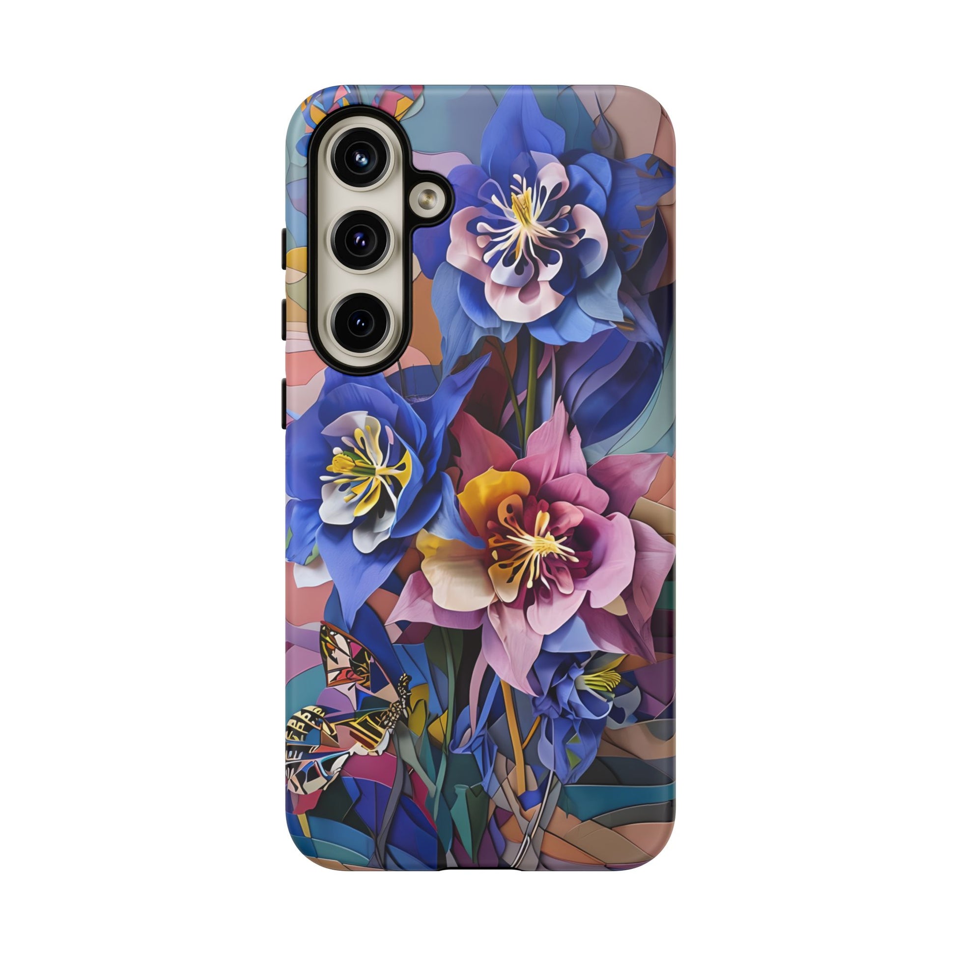 Blue Columbine Carnivale - Artistic Floral & Butterfly Samsung S24 Plus Tough Phone Case - Vibrant Botanical Design