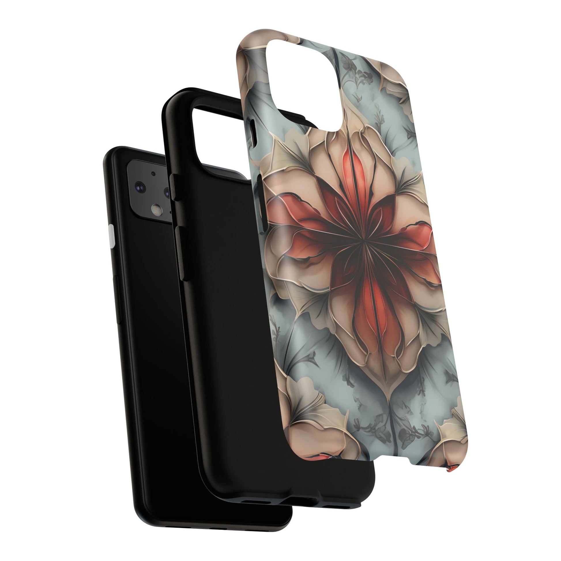 Ember Bloom - Kaleidoscope Collection Artistic Floral - Google Pixel 4 Tough Phone Case - Fiery Symmetrical Design