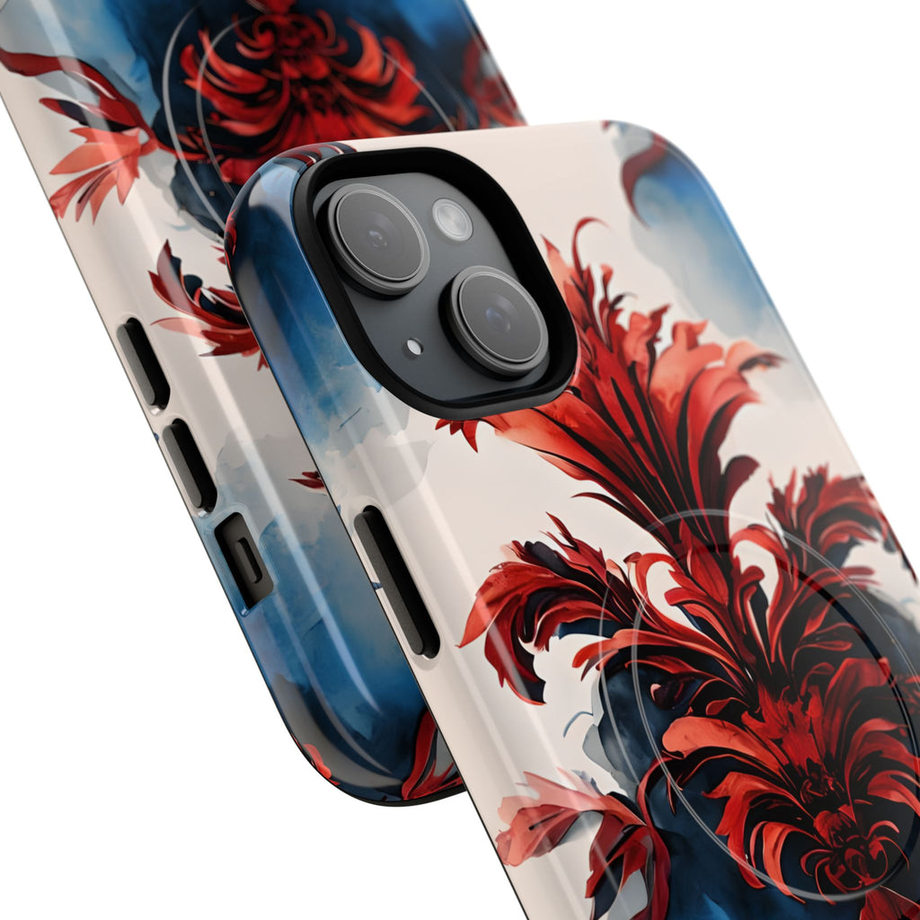 Crimson Plume - Bold Artistic Feather iPhone 15 Plus MagSafe Phone Case - Dramatic Red & Blue Design