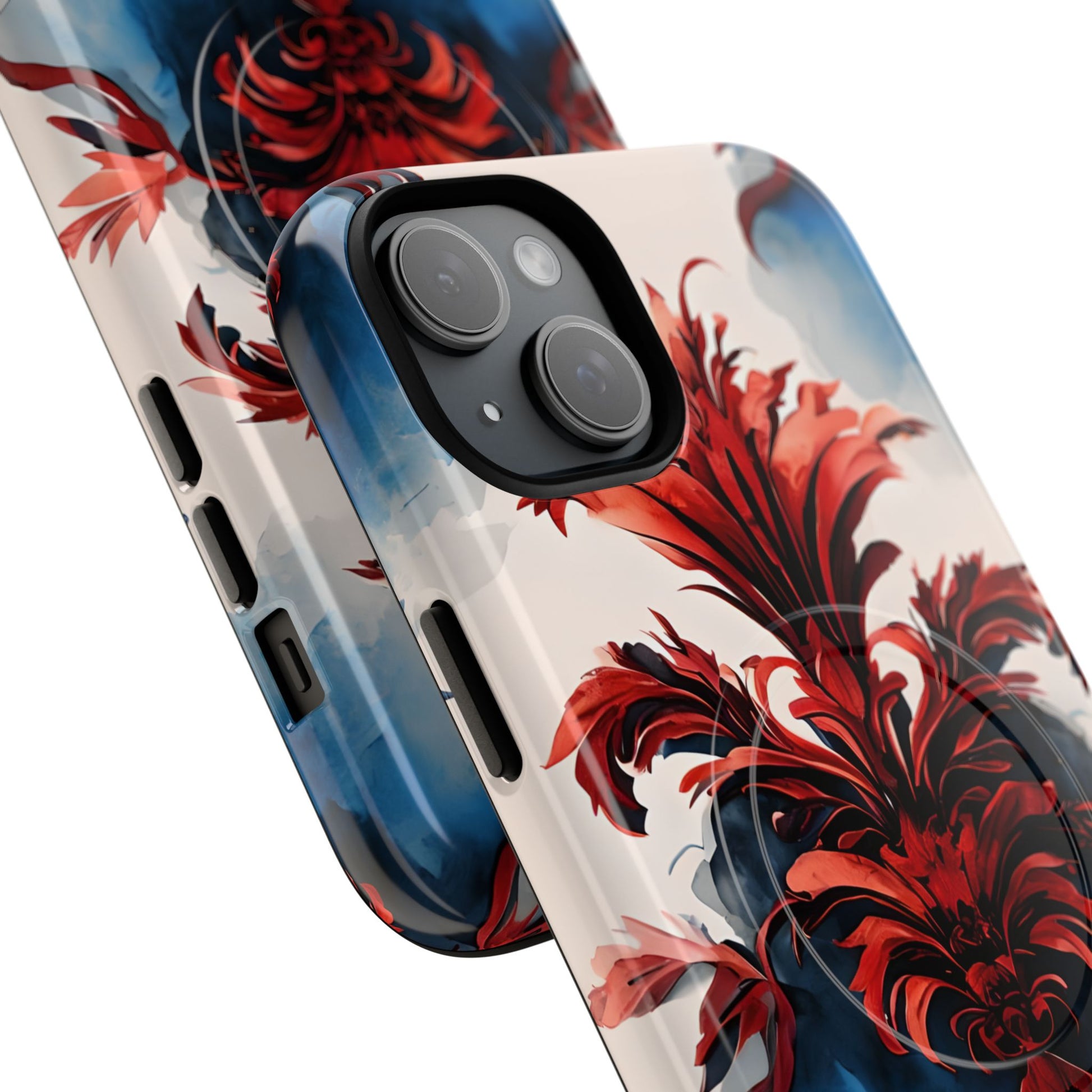 Crimson Plume - Bold Artistic Feather iPhone 15 Plus MagSafe Phone Case - Dramatic Red & Blue Design