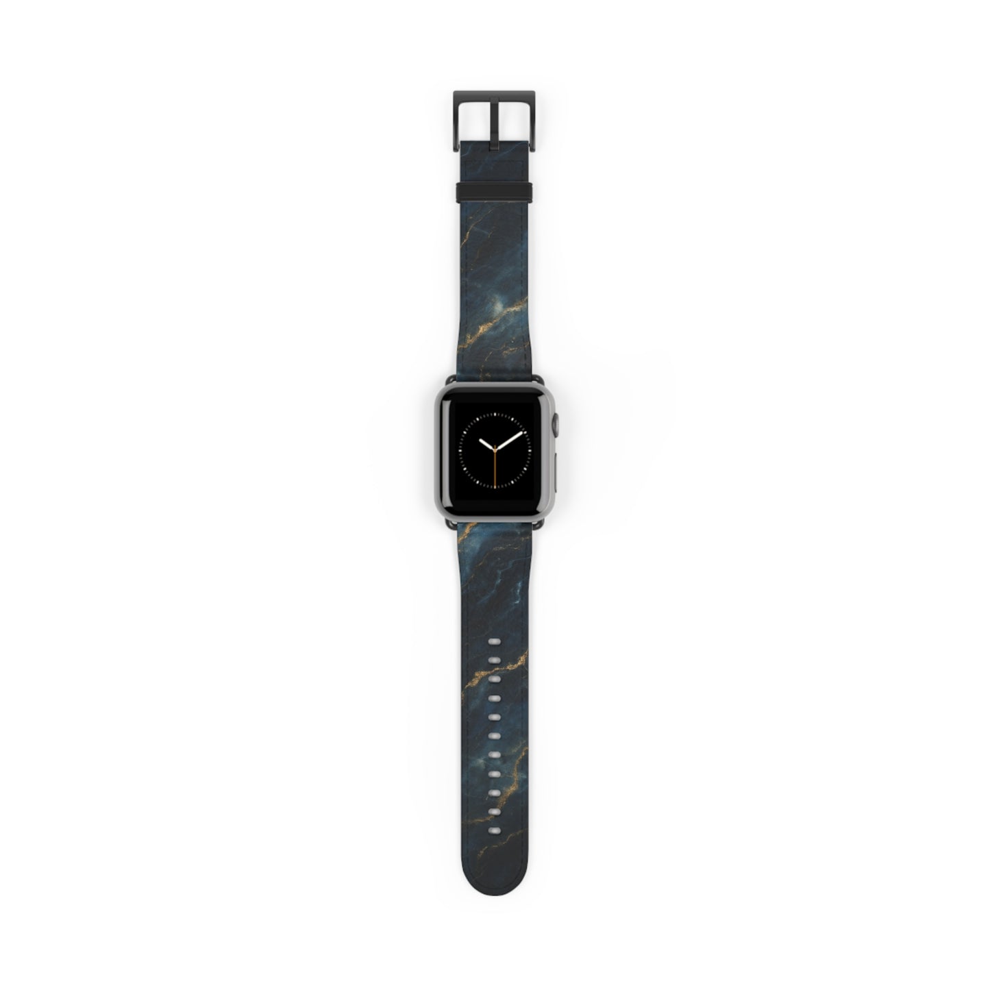 Midnight Marble Apple Watch band with watch face featuring dark marble pattern with subtle gold veining