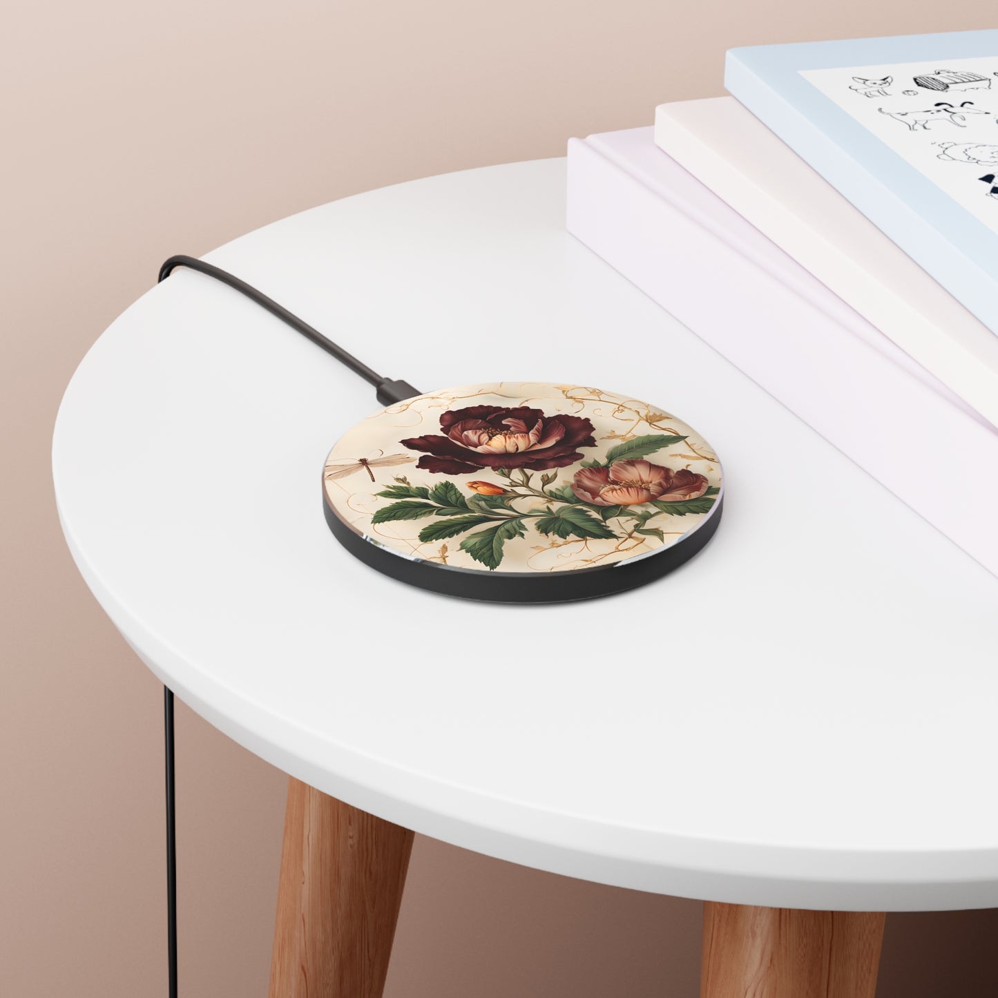 Vintage Burgundy Rose botanical floral art Qi wireless charger on bedside table with books