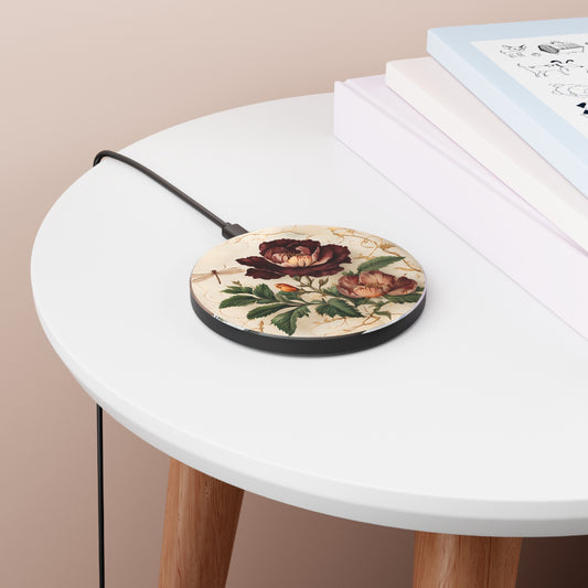 Vintage Burgundy Rose botanical floral art Qi wireless charger on bedside table with books
