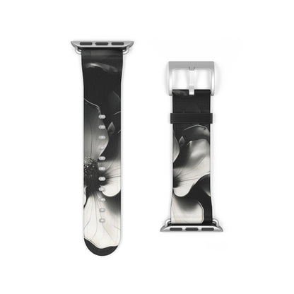 Monochrome Magnolia Apple Watch band strap with silver clasp showing detailed black and white magnolia floral design