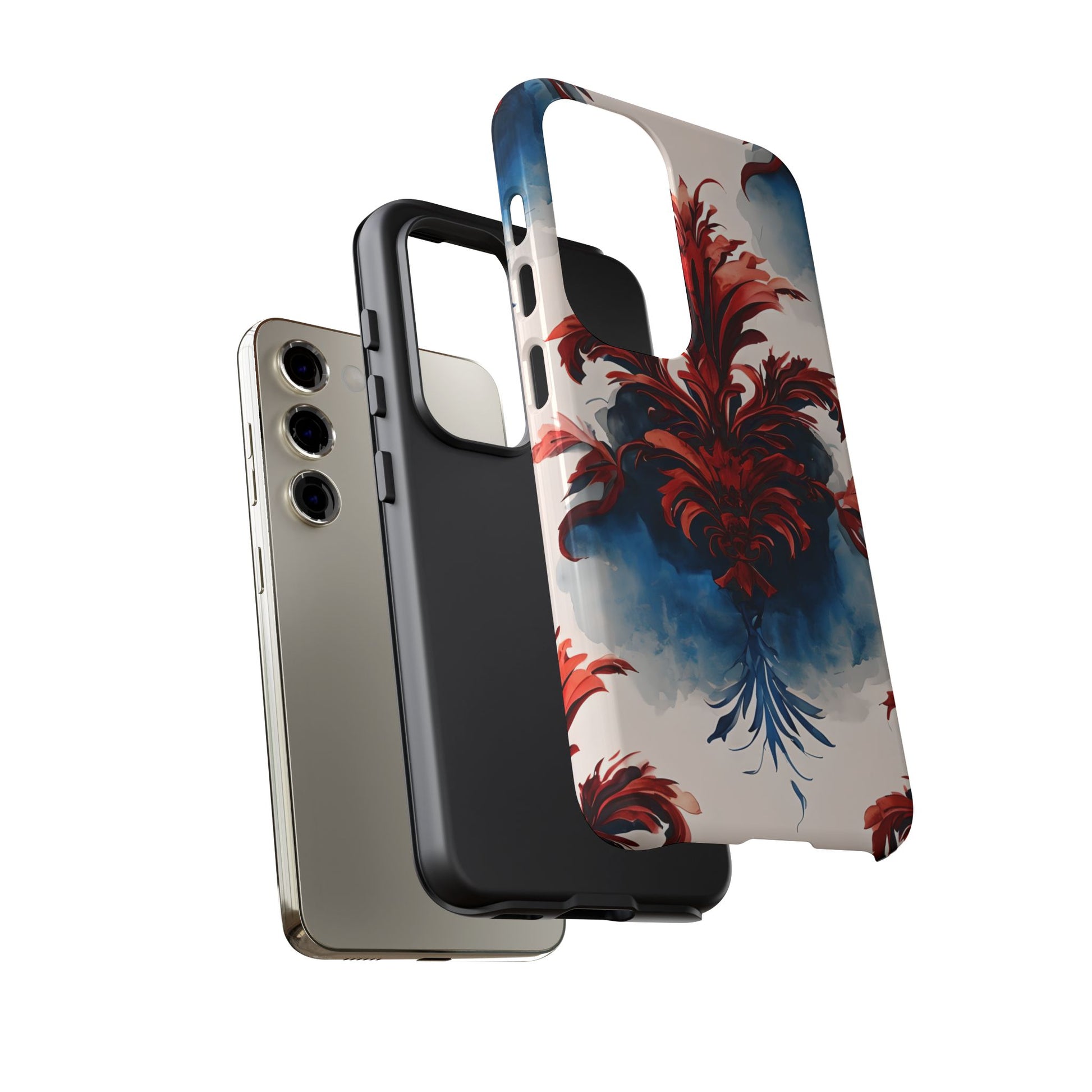 Crimson Plume - Bold Artistic Feather Samsung Galaxy S23 Tough Phone Case - Dramatic Red & Blue Design