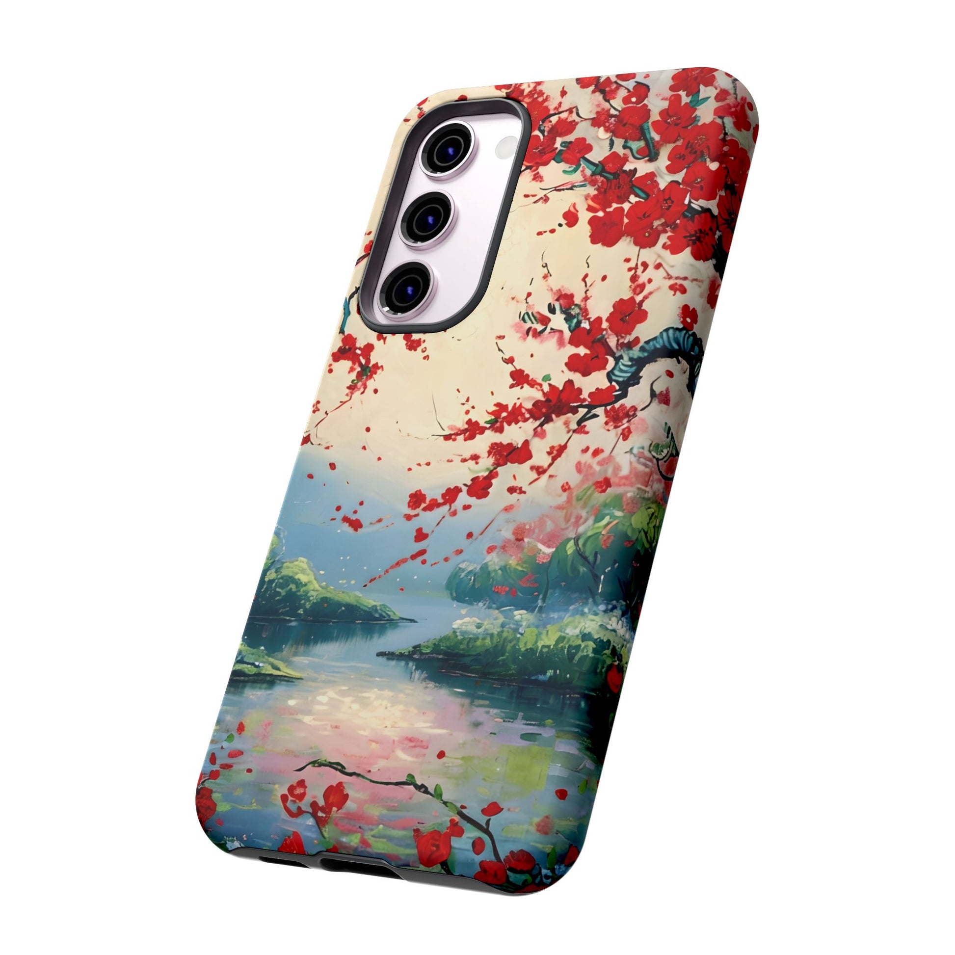 Crimson Blossom Lake - Artistic Floral Landscape Samsung Galaxy S23 Plus Tough Phone Case - Red Cherry Blossoms & Serene Lake Design