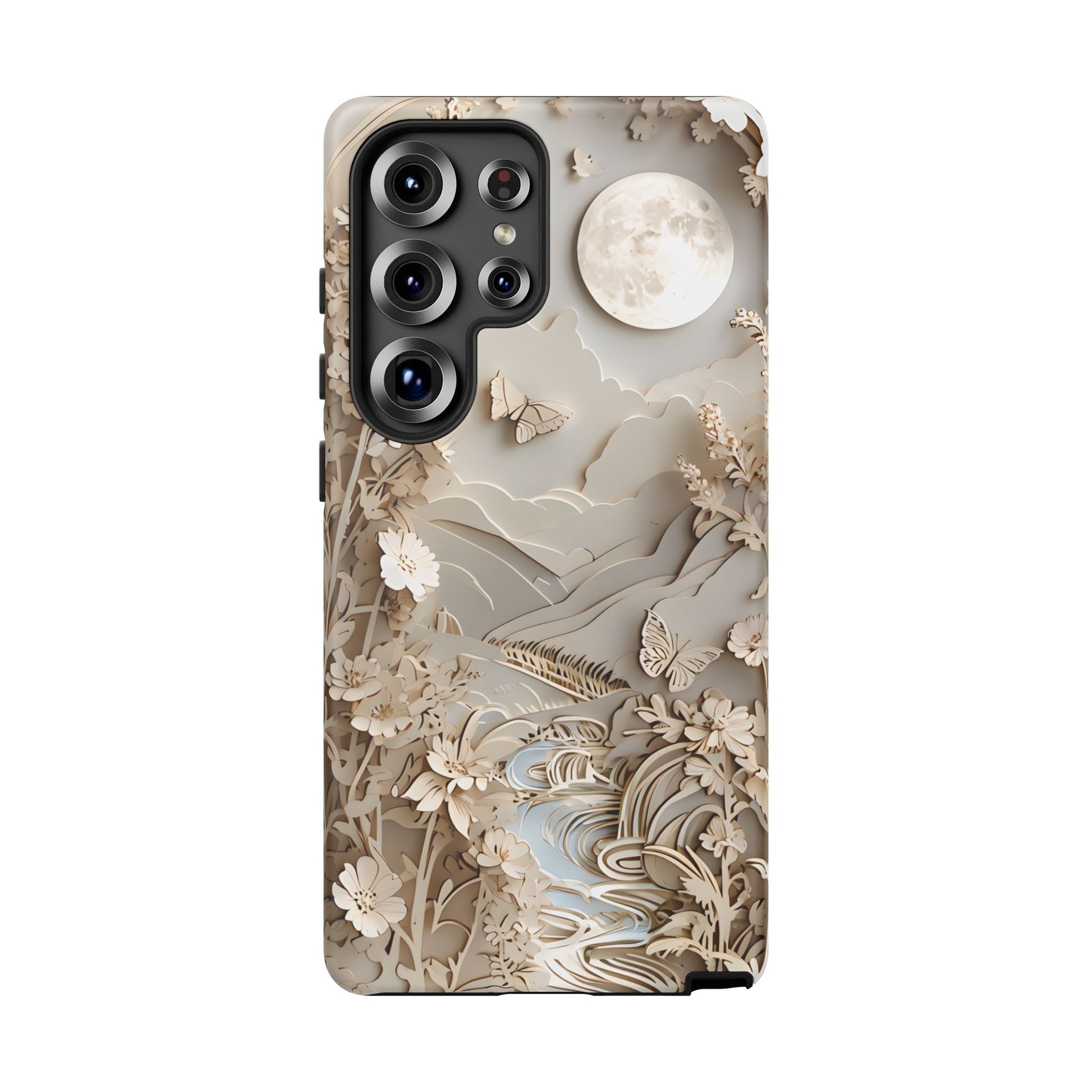 Moonlit Garden - Elegant Neutral Floral Samsung Galaxy S25 Ultra Tough Phone Case - Painterly Botanical & Moon Design
