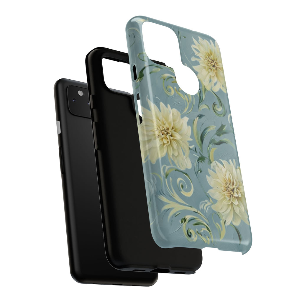 Golden Dahlia Trio - Elegant Floral Google Pixel 4a 5G Tough Phone Case - Artistic White & Blue Dahlia Design