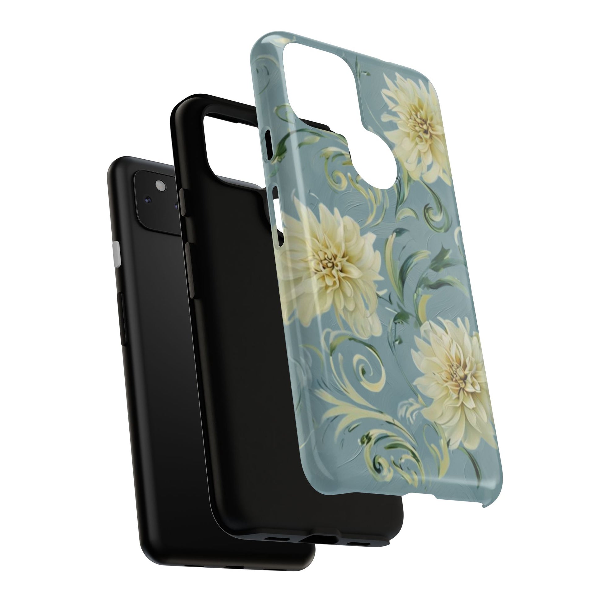 Golden Dahlia Trio - Elegant Floral Google Pixel 4a 5G Tough Phone Case - Artistic White & Blue Dahlia Design
