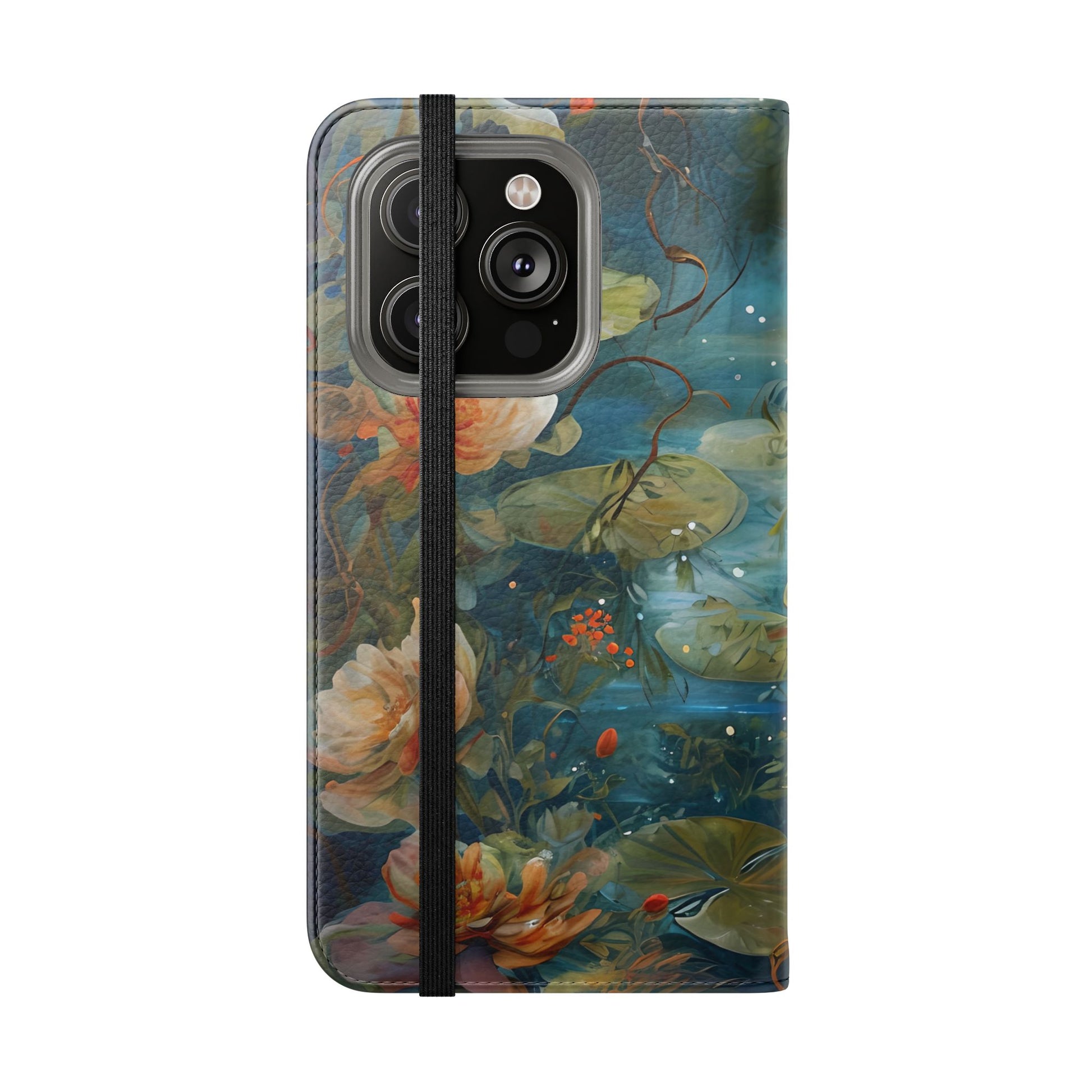 Waterlily Nocturne iPhone 14 Pro Wallet Case - Elegant Floral Flip Cover, Vintage Botanical Phone Folio