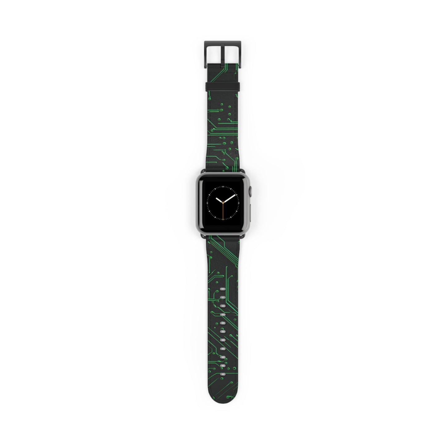 Green Circuit Grid Apple Watch band with watch face featuring futuristic green circuit board pattern on black background
