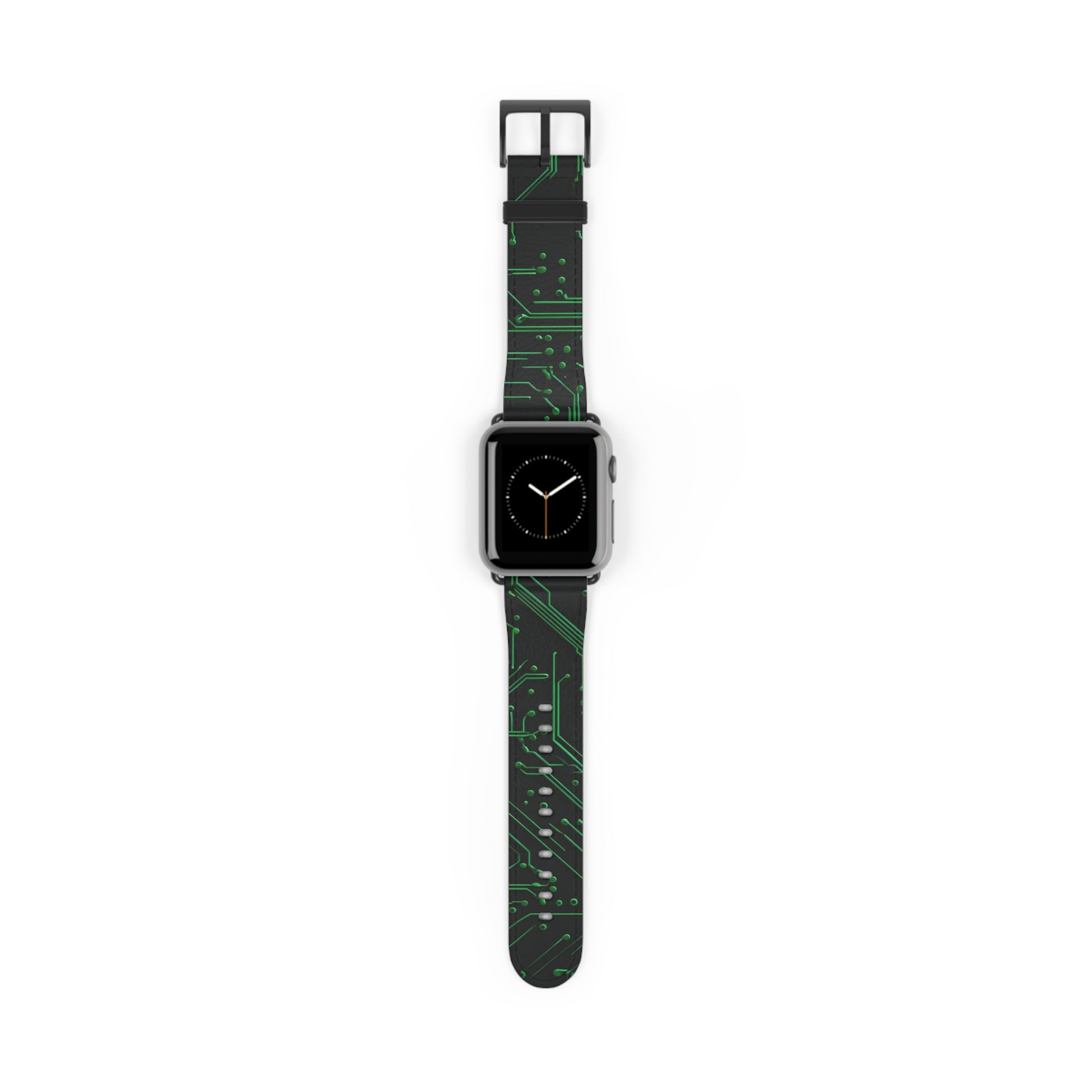 Green Circuit Grid Apple Watch band with watch face featuring futuristic green circuit board pattern on black background