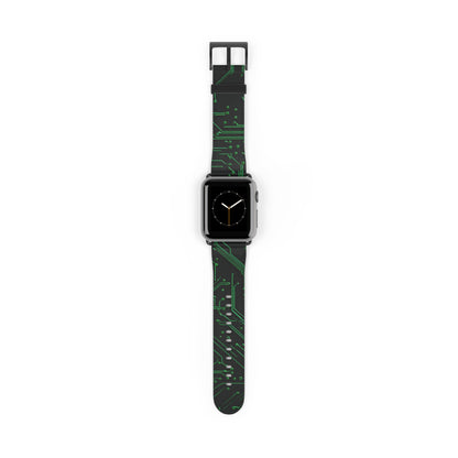 Green Circuit Grid Apple Watch band with watch face featuring futuristic green circuit board pattern on black background