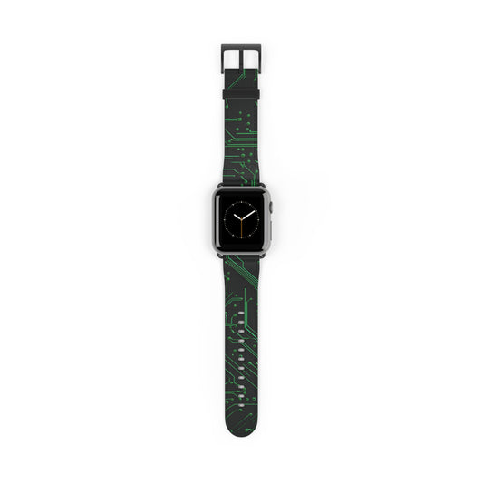 Green Circuit Grid Apple Watch band with watch face featuring futuristic green circuit board pattern on black background