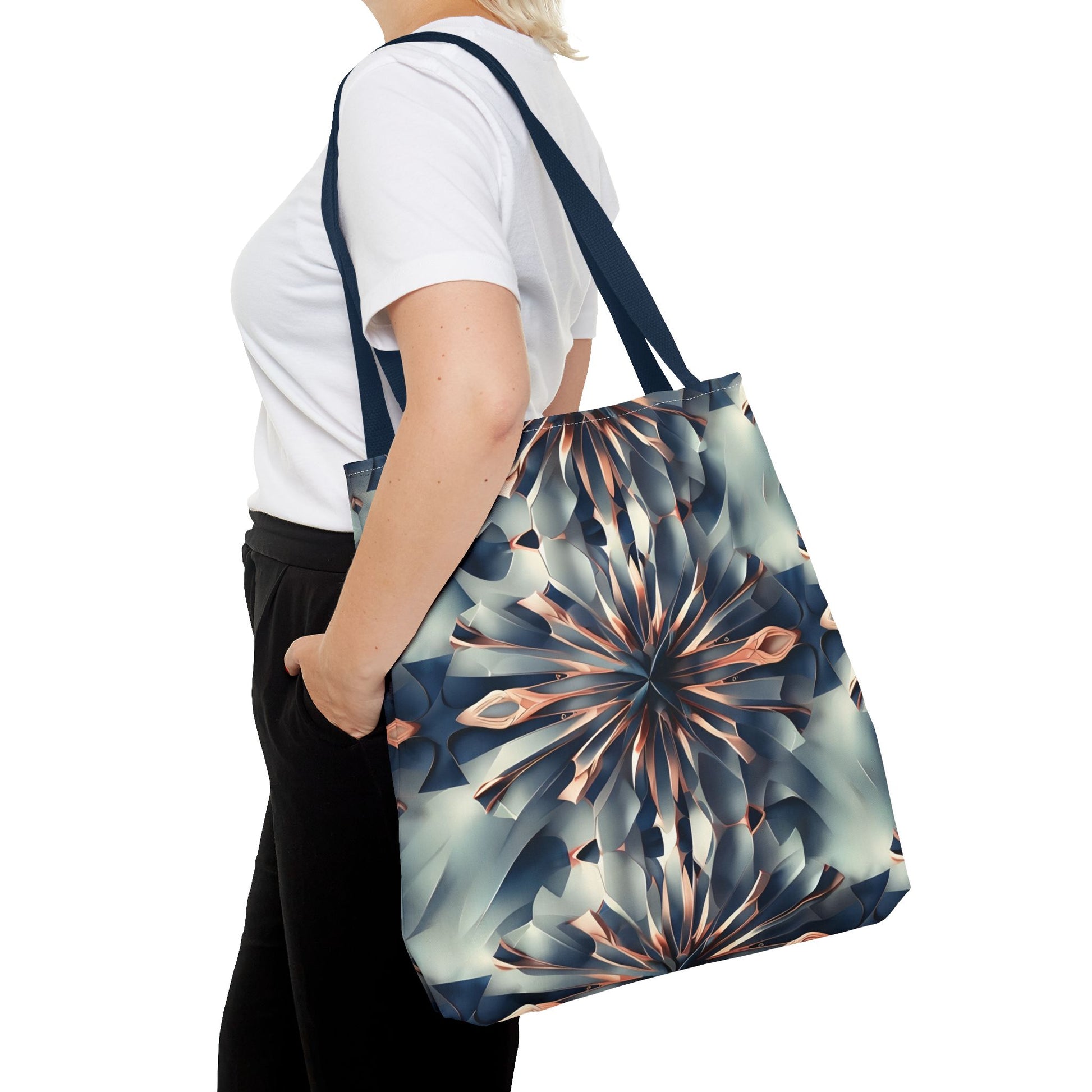 Obsidian Kaleidoscope Canvas Tote Bag (16x16 & 18x18)- Premium Navy Handle Designer Tote, Artistic Eco-Friendly Shopping Bag