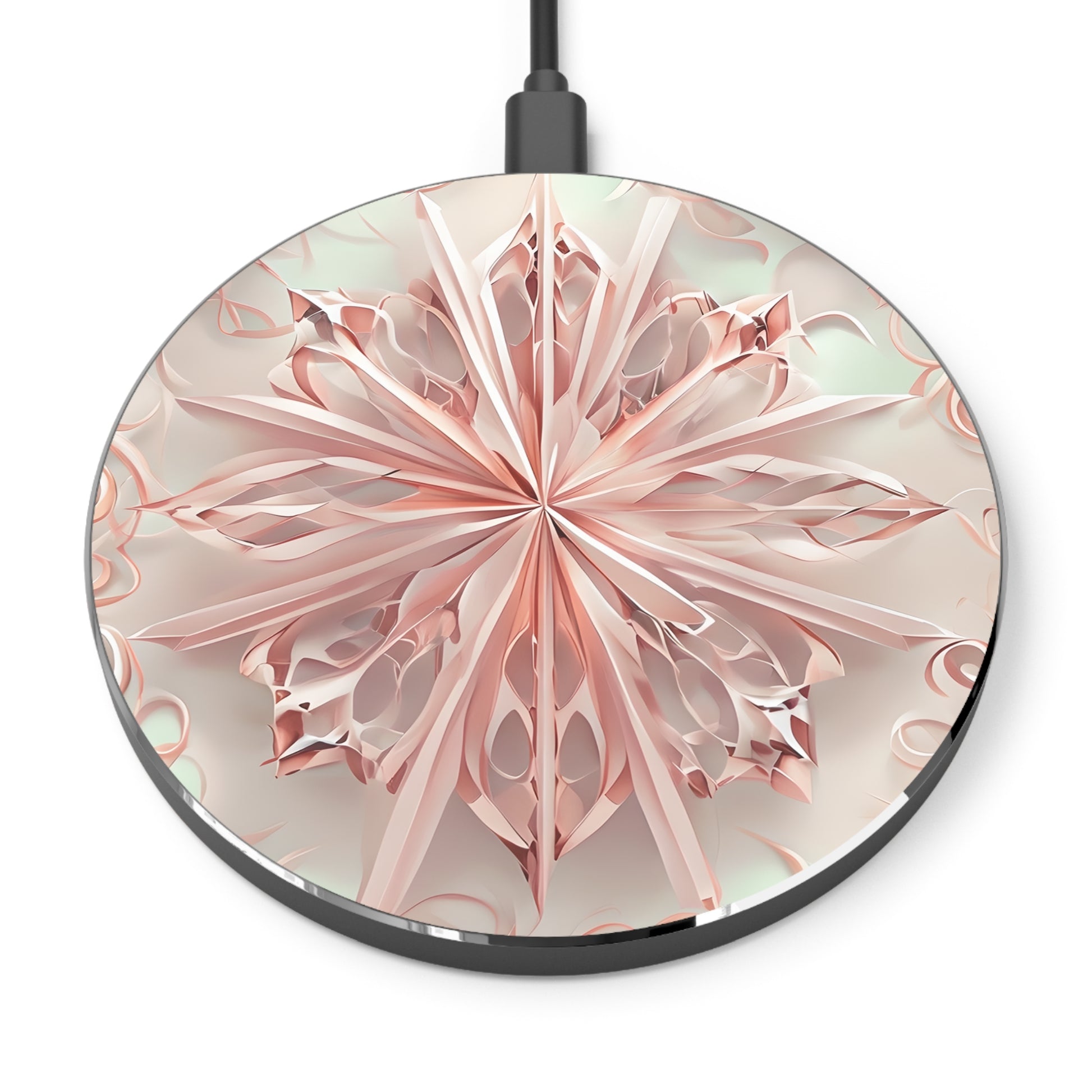 Blush Frost pink mandala floral decorative Qi wireless charger with soft blush geometric flower design