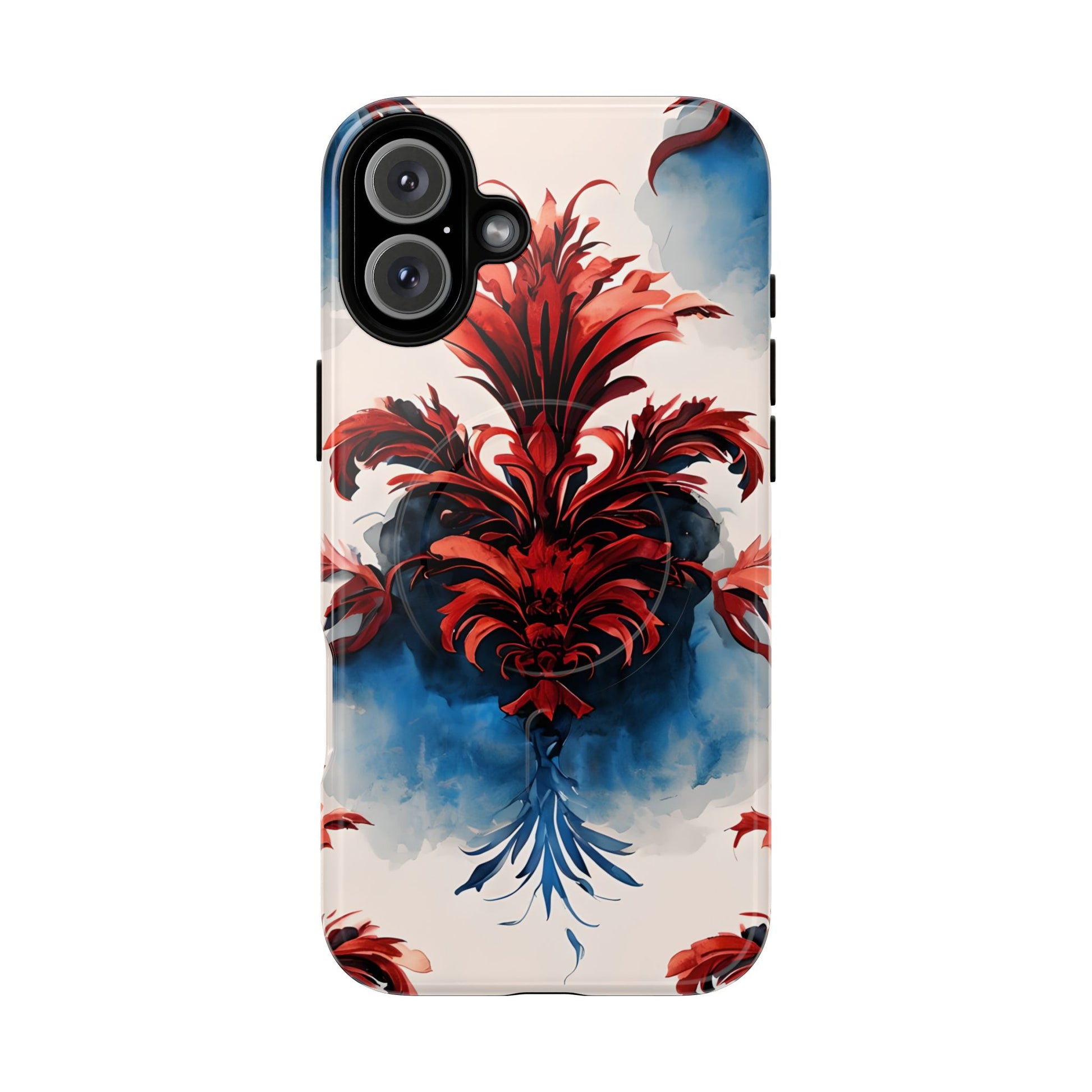 Crimson Plume - Bold Artistic Feather iPhone 16 Plus MagSafe Phone Case - Dramatic Red & Blue Design