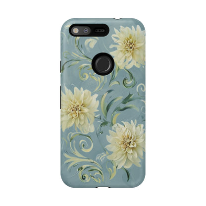 Golden Dahlia Trio - Elegant Floral Google Pixel Tough Phone Case - Artistic White & Blue Dahlia Design