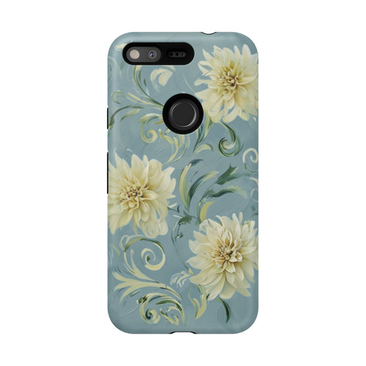 Golden Dahlia Trio - Elegant Floral Google Pixel Tough Phone Case - Artistic White & Blue Dahlia Design