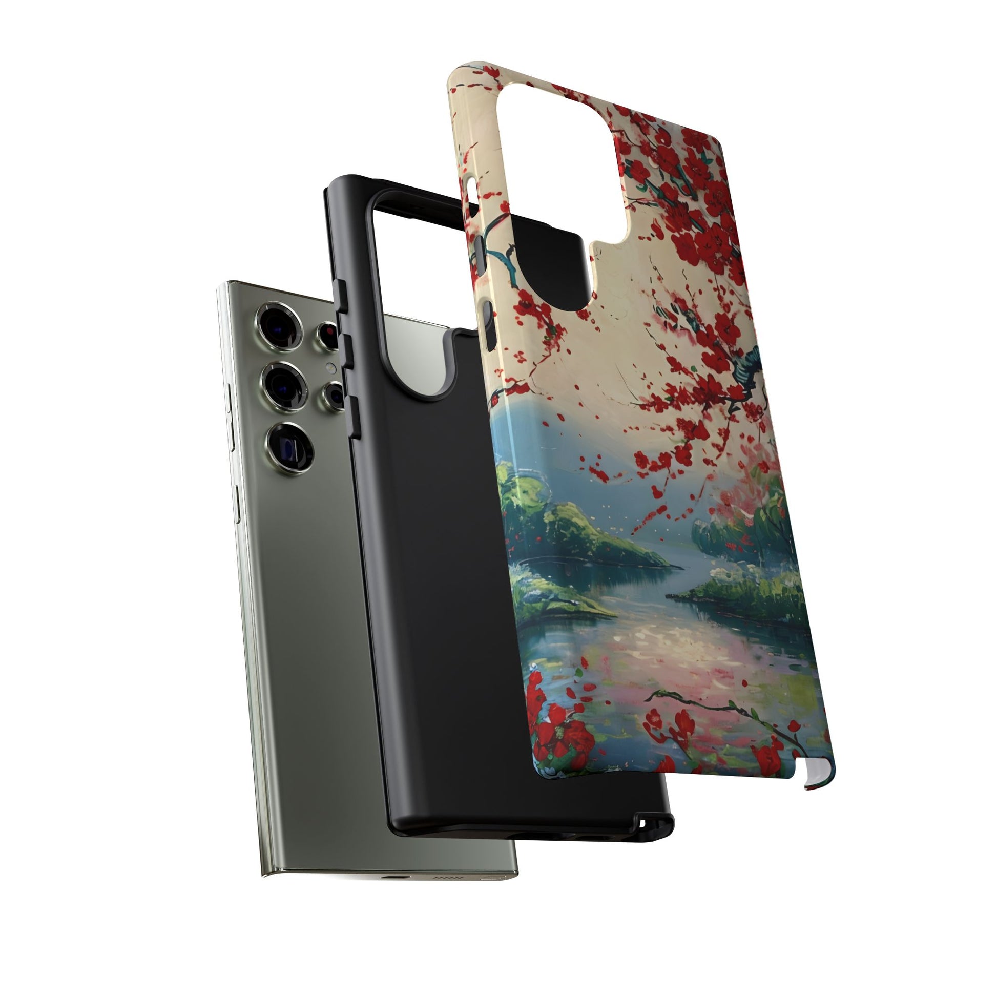 Crimson Blossom Lake - Artistic Floral Landscape Samsung Galaxy S23 Ultra Tough Phone Case - Red Cherry Blossoms & Serene Lake Design