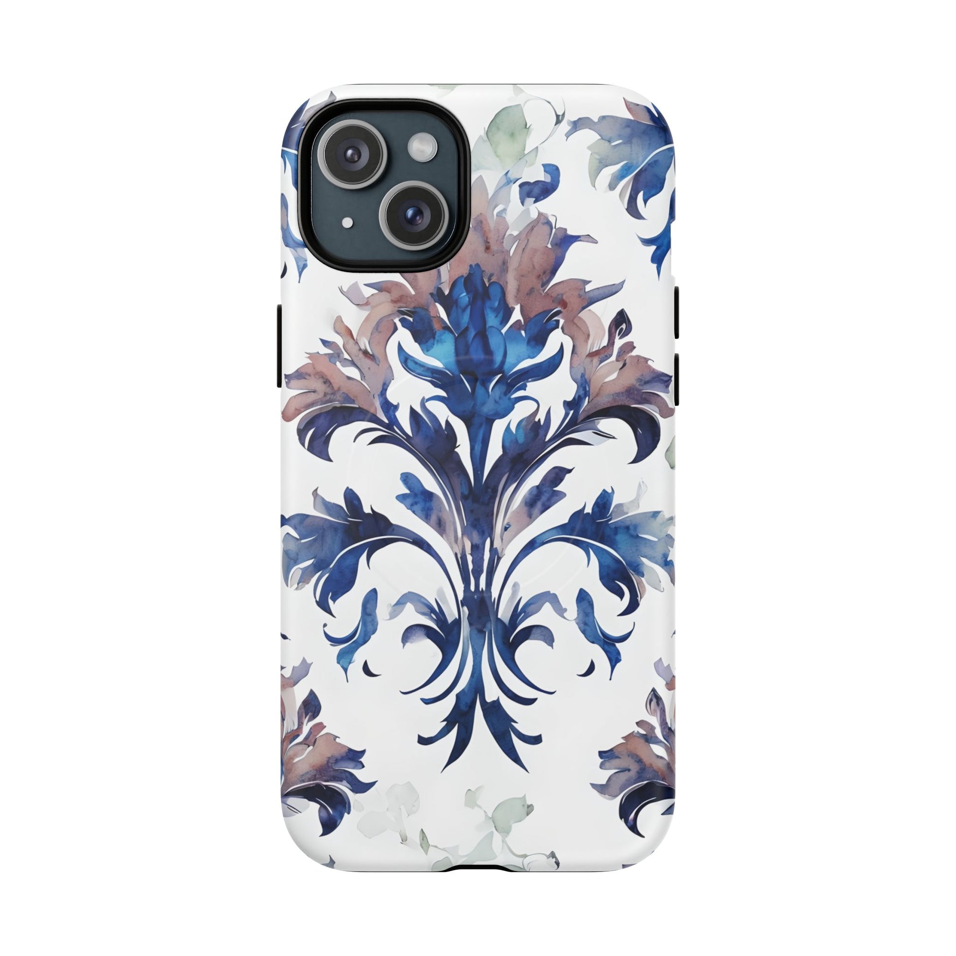 Delft Reverie - Elegant Blue & White iPhone 15 Plus MagSafe Phone Case - Dutch Delftware-Inspired Floral Design