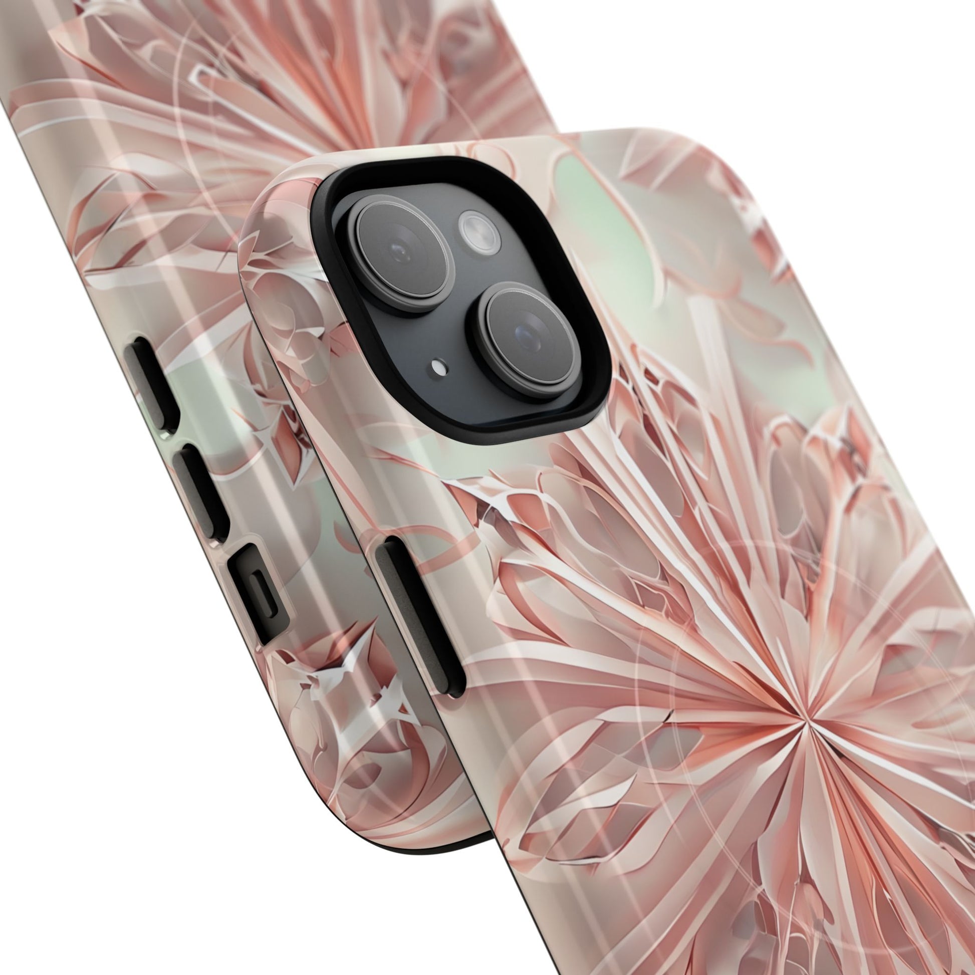 Blush Frost iPhone 15 Plus - Kaleidoscope Collection of MagSafe Compatible - Soft Pink Geometric Floral Design